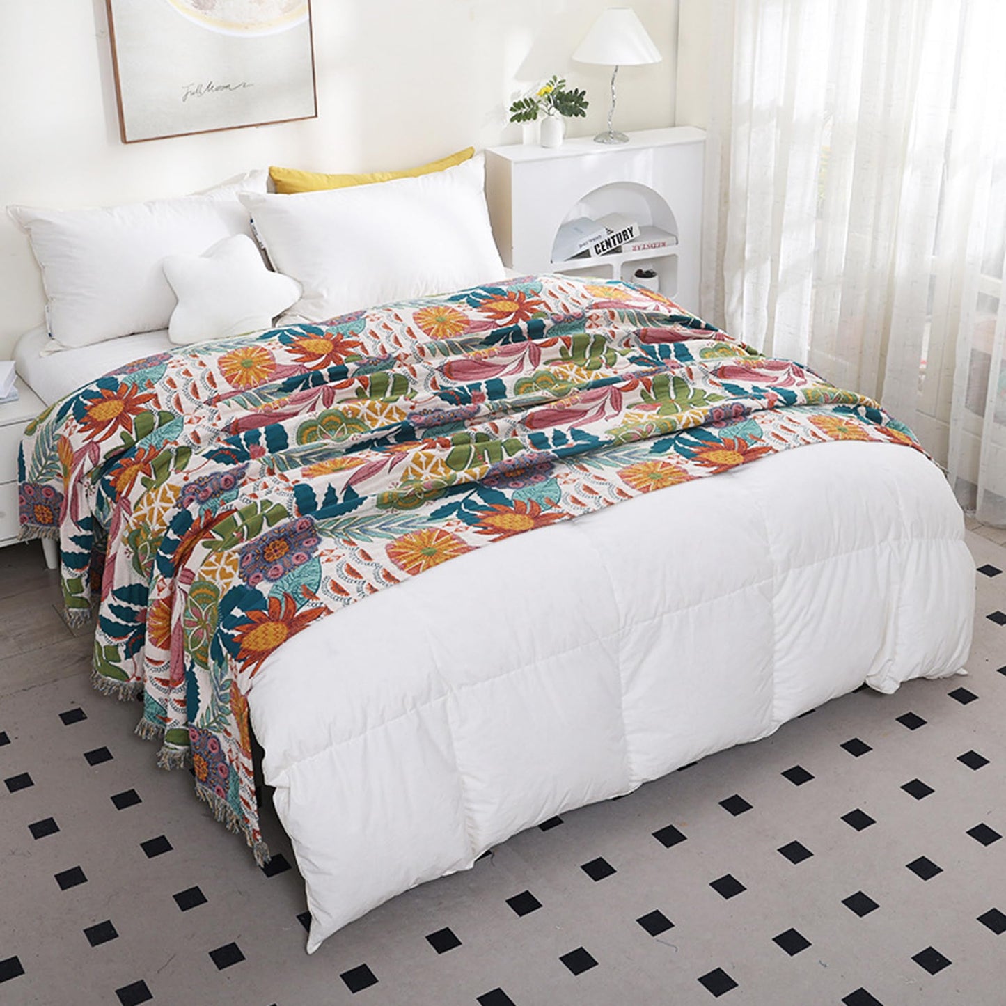 BRYALIX 100% Cotton Floral Throw Blanket, Muslin Lightweight Super Soft Quilt, All Season Decorative Reversible Jacquard Bedding with Fringe, Boho Tropical Floral Farmhouse Blanket, 60"x80"