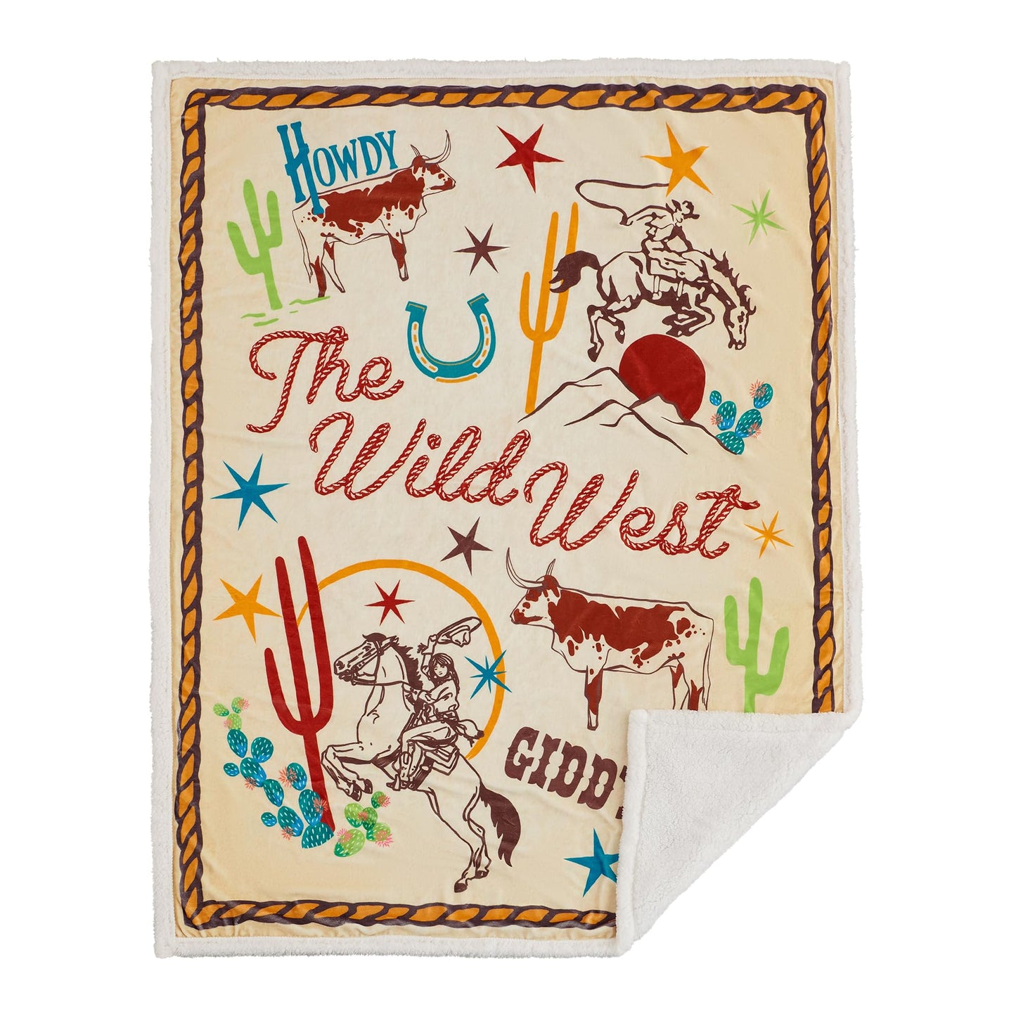 Paseo Road Indigo Hill by HiEnd Accents Retro Rodeo 3 Piece Sherpa Throw Blanket Set, Cowgirl Cow Print, Western Blanket with Riders Salute Print Pillows, Southwest Style, 1 Throw and 2 Pillows