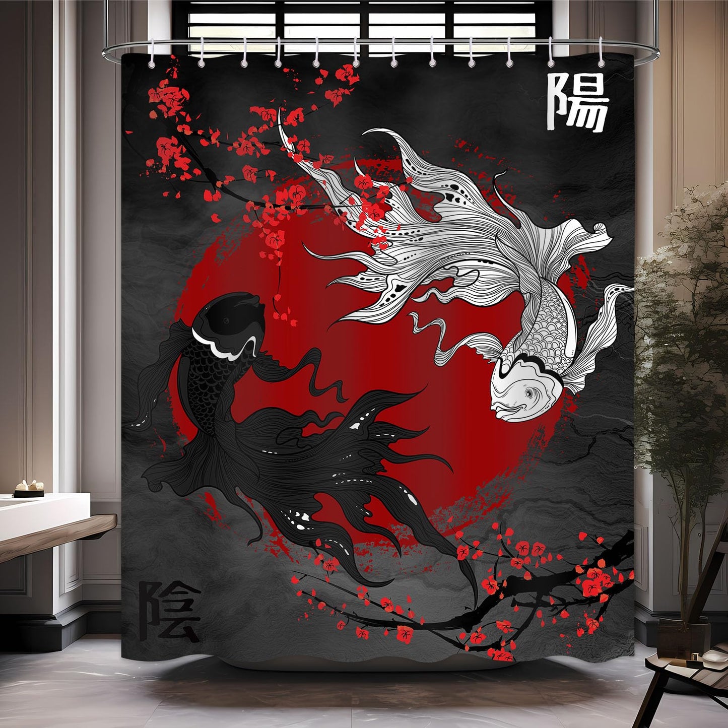 DLTAY Japanese Shower Curtain Black Red Koi Fish Yin Yang Decor 72 x 72 in