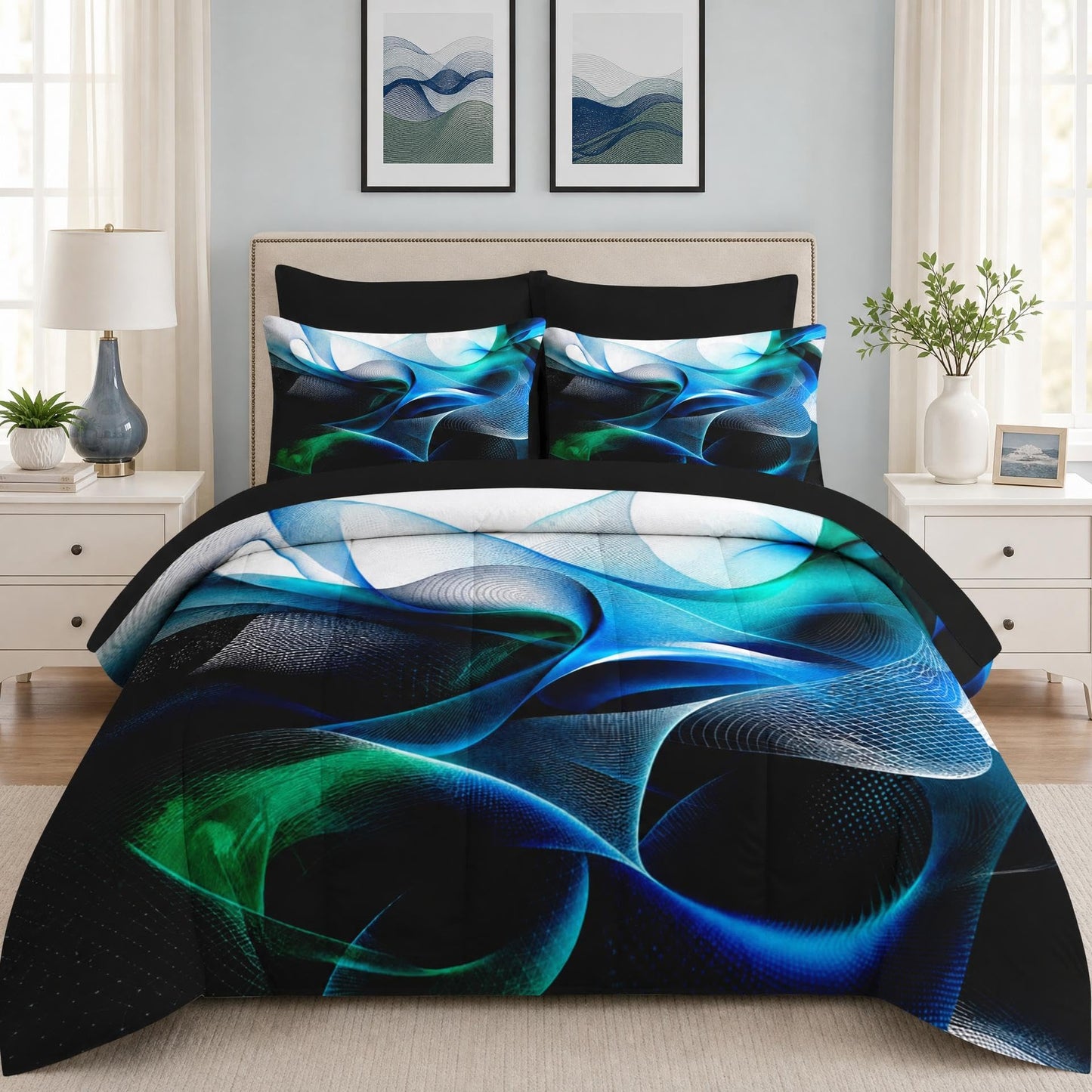 Boewywh Comforter Set Twin Size Abstract Blue Modern 7 Pcs, Bedding for Kids and Adults, Green Geometric Bed Sheet Sets with Fitted Sheet 2 Pillowcases & 2 Shams for Bedroom Bed Decor