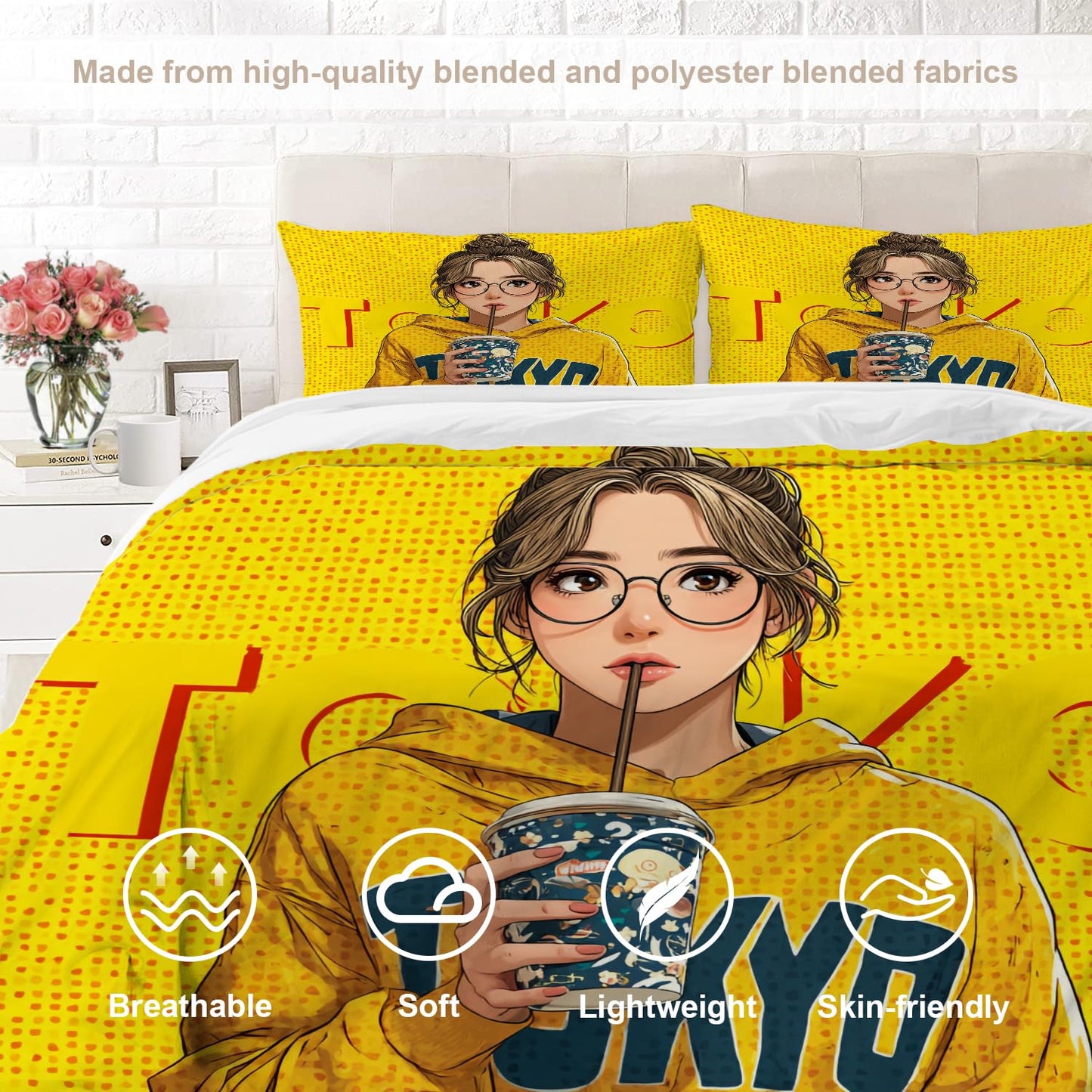 BaoNews Anime Art Digital 100% Cotton Duvet Cover Set Full Size, Hoodie Fashion Drink Bedding Sets Soft Comforter Cover with Zipper Closure and 2 Pillowcases(No Filler)