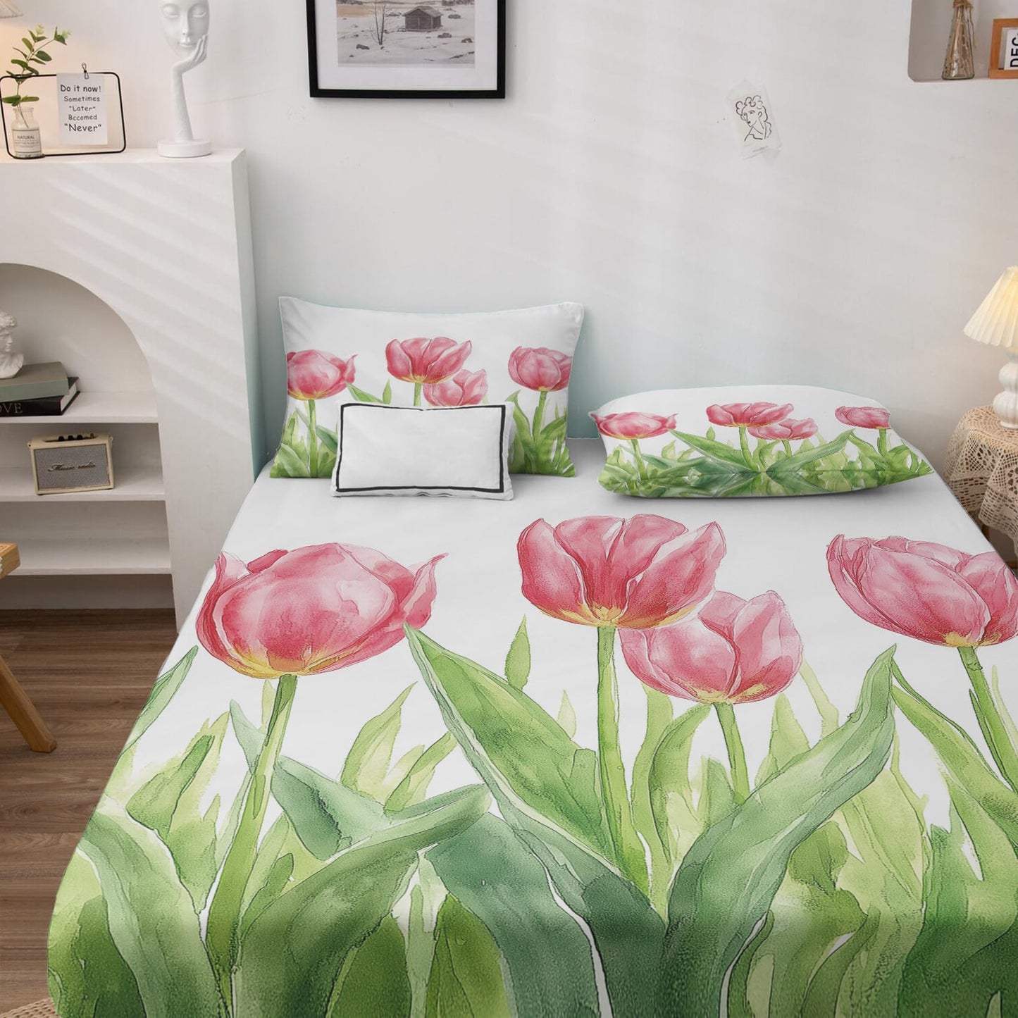 NOGAWA Tulip Sheets Queen Size, Pink Floral Green Leaves Bed Sheets, Patterned Bedding Sheets & Pillowcases 4 Piece Set - Soft Microfiber Deep Pocket Fitted Sheet & Flat Sheet & 2 Pillow Cases