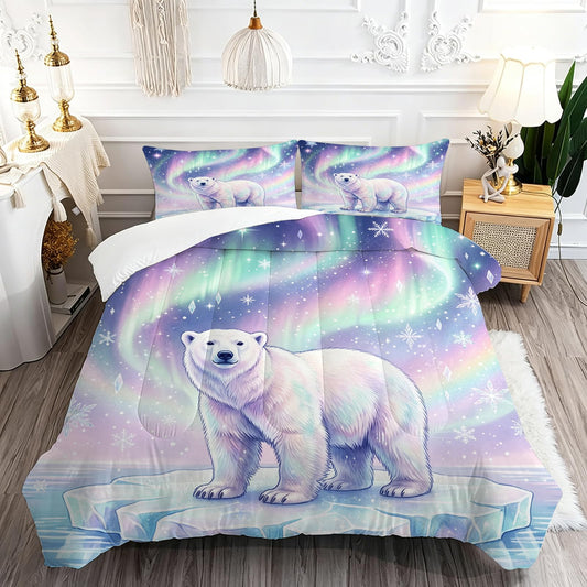 DJNEAR Polar Bear Comforter Set Twin Size, Wild Animal Bedding Set for Kid Teen Boy Girl Adult, Northern Lights and Snowflake Print, Bedroom Decor 1 Comforter 2 Pillowcases
