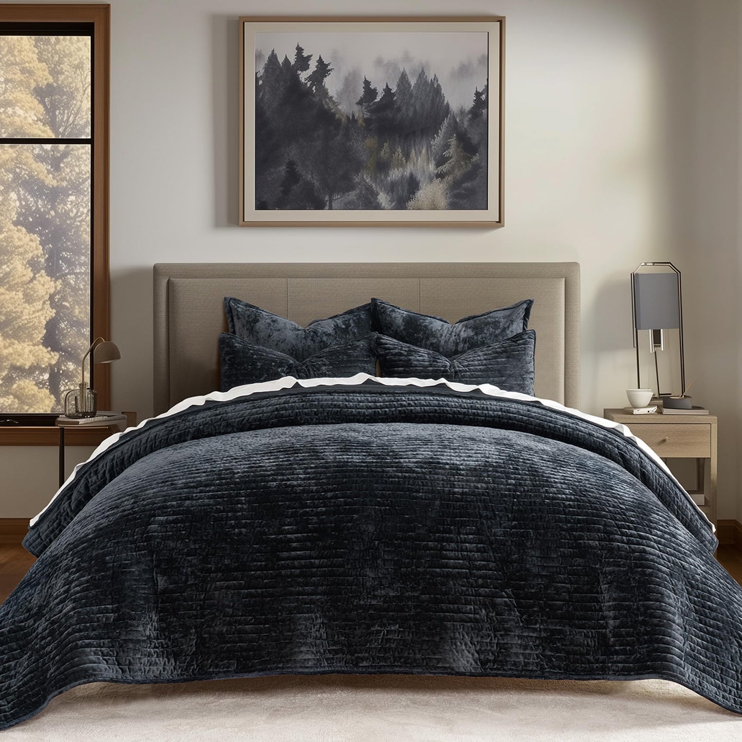 EverGrace Velvet Quilt Set King Size, Luxurious Soft Striped Channel Bedding Set, Lightweight Velvet Comforter for All Season, Oversized Bedspread Coverlet with 2 Matching Shams, Black