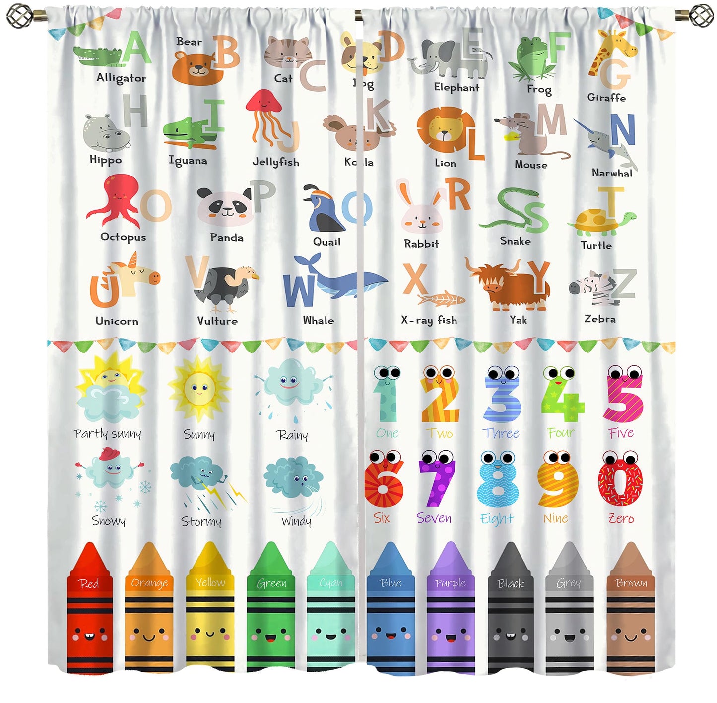 ABC Alphabet Education Curtains for Kids Colorful Cartoon Educational Crayons for Preschoolers to Learn the Alphabet Windows Treatments for Nursery Boys Bedroom Living Room 42x44.5in（No Blackout）