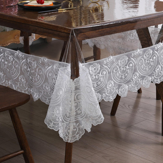 Jusmate Clear Vinyl Tablecloth Protector Transparent PVC Lace Border Plastic Waterproof Oil-Proof Rectangle Table Cover for Kitchen Home Dining Holiday Decoration (White, 60 x 120 Inch)