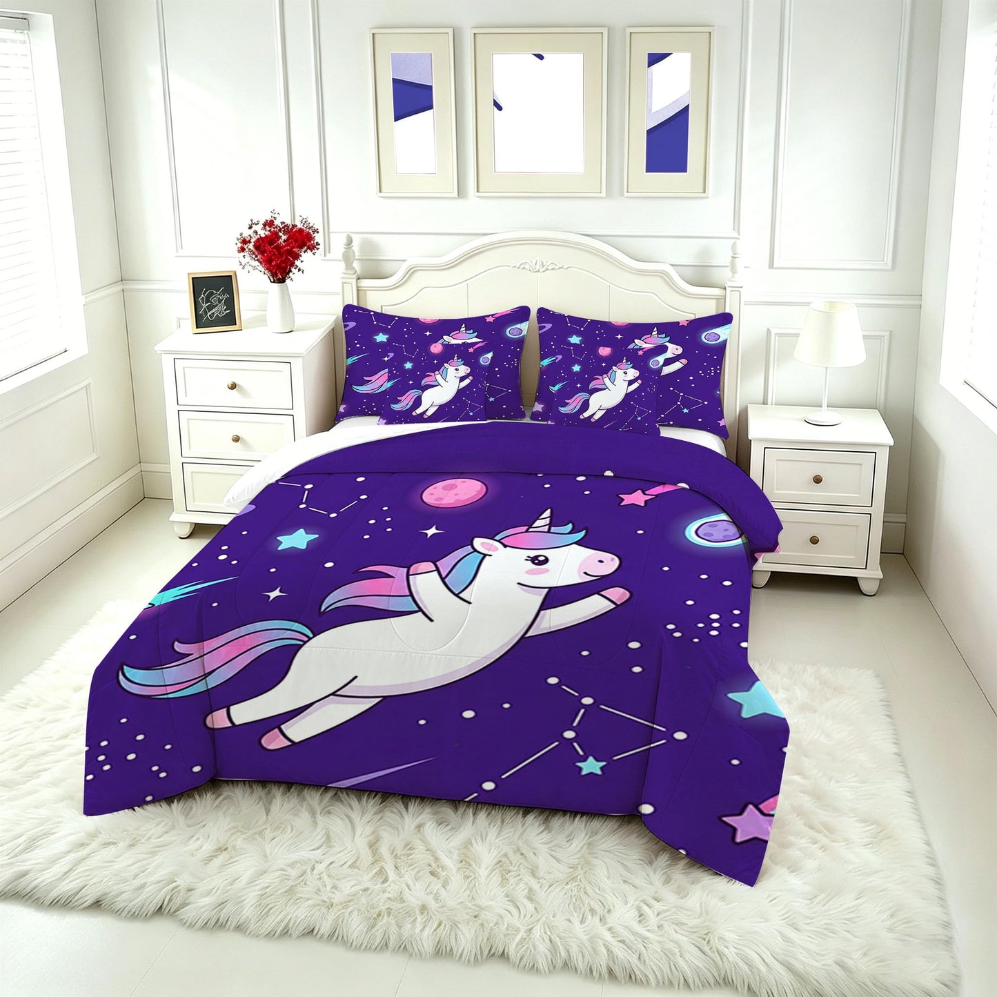 FUYEUN Unicorn King Comforter Set with Sheets for Kids Boys Girls Starry Sky Print 7 Pieces Cute Bedding Set Cartoon Animal Bed in a Bag Princess Room Decor