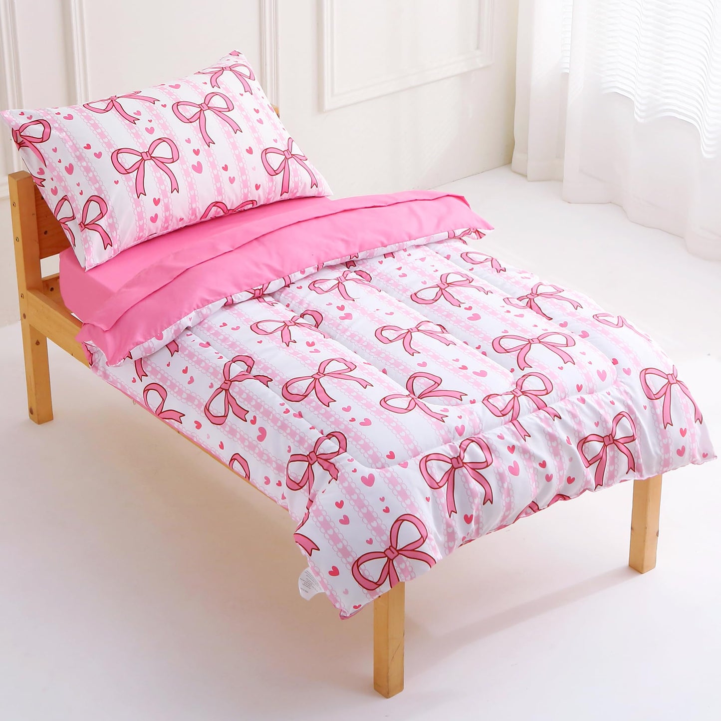 Viviland Pink Bow Toddler Comforter Sets, Cute Girls Toddler Bedding Set, Soft Microfiber Pink Toddler Bed Set