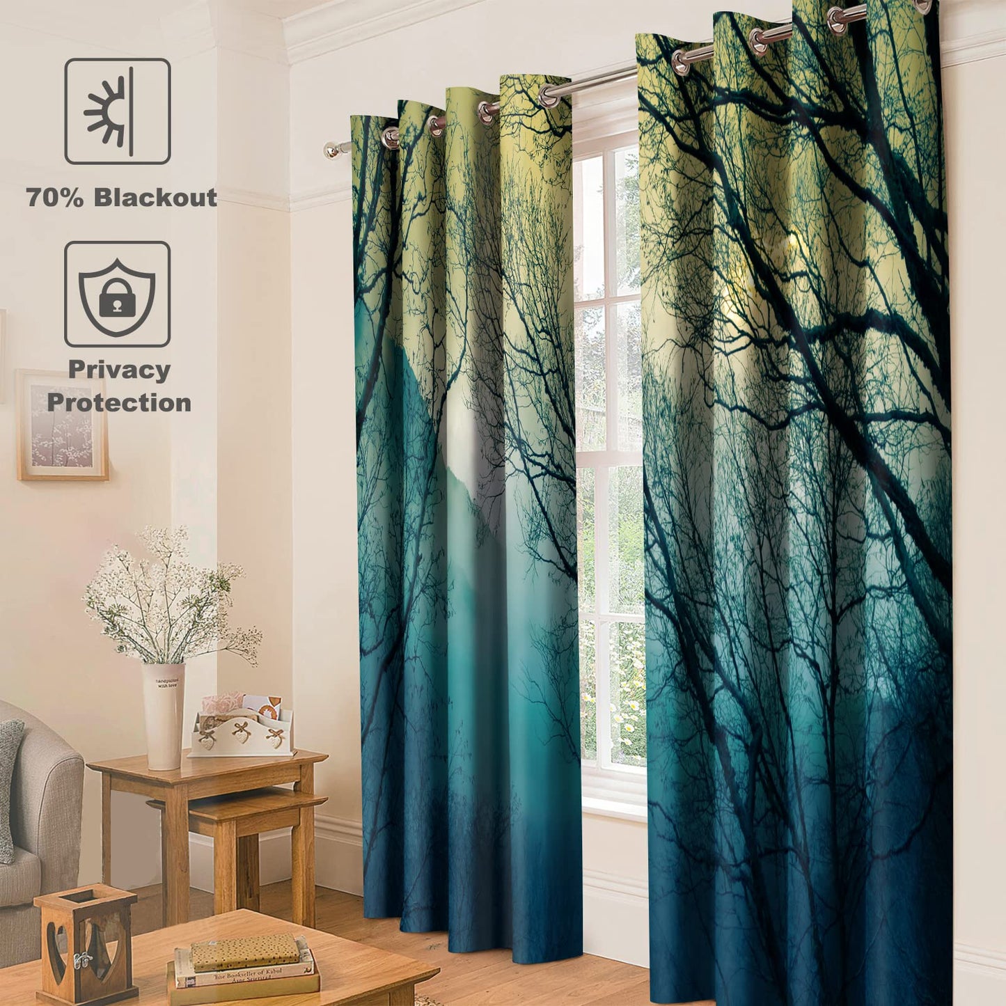 Jekeno Forest Blackout Curtains - Foggy Misty Mountains Woodsy Tree Woodland Shrub Jungle Nature Scenery Grommet Drapes Decor Bedroom Living Room Darkening Window Treatments 2 Panels Set, 52" x 84"
