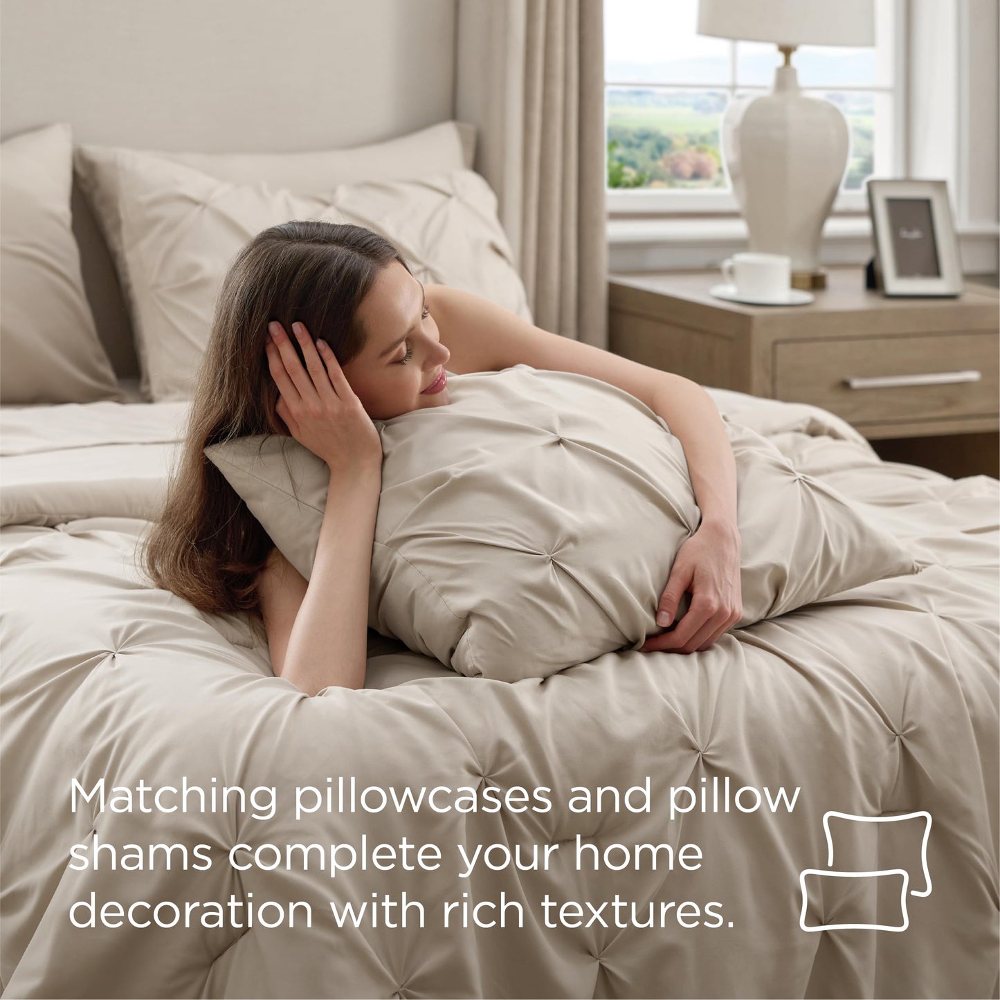 Bedsure Queen Comforter Set Beige - Bed in a Bag Queen Size Bedding 7 Pieces, GentleSoft™ Pintuck Bed Set Gift for Family, All Season Down Alternative Comforter with Sheets, Pillowcases & Shams