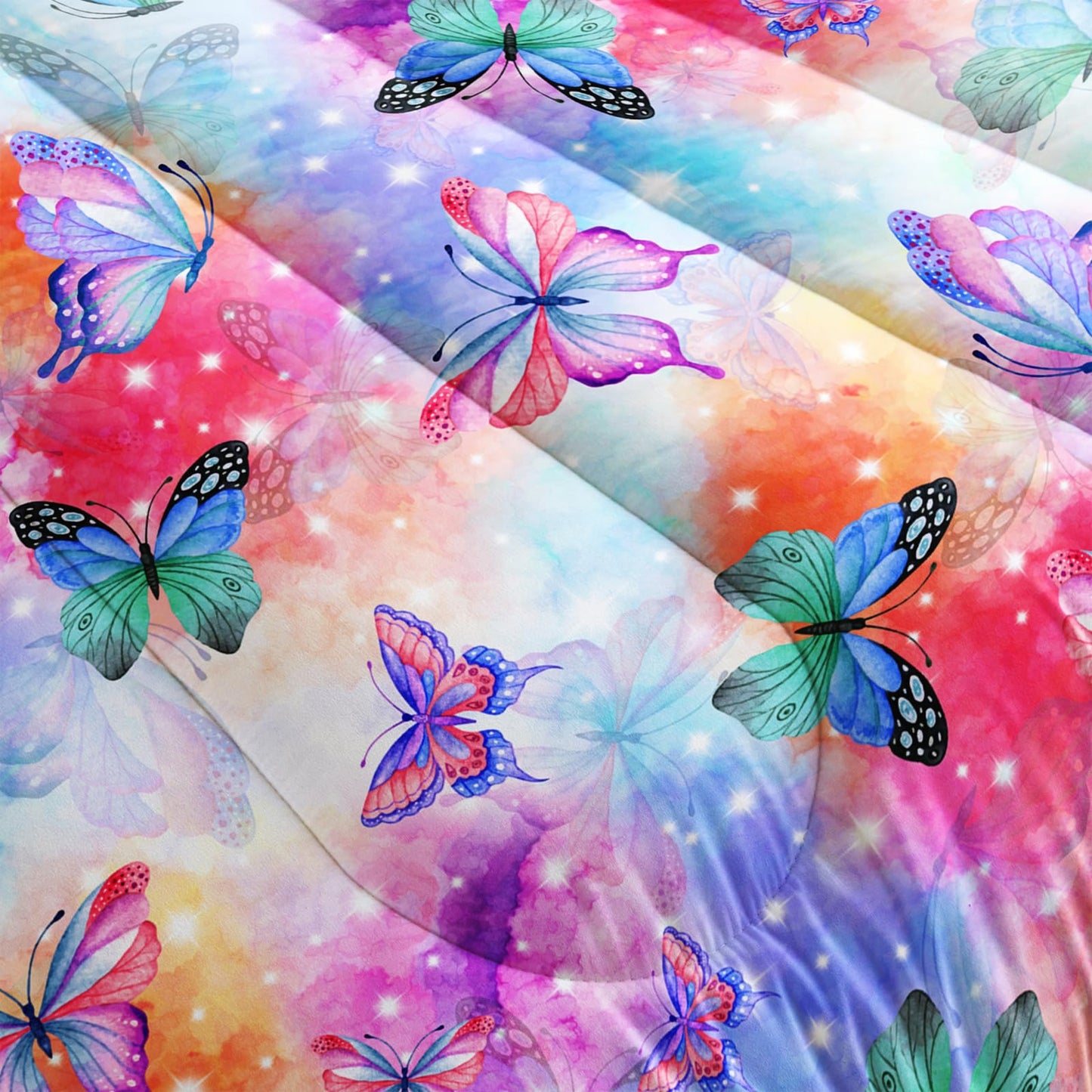 Nttopship Rainbow Butterfly Comforter Sets - Twin Size, Cute Kids Bedding Sets with Galaxy Butterfly Pattern, All Season Comforter and 2 Pillowcases