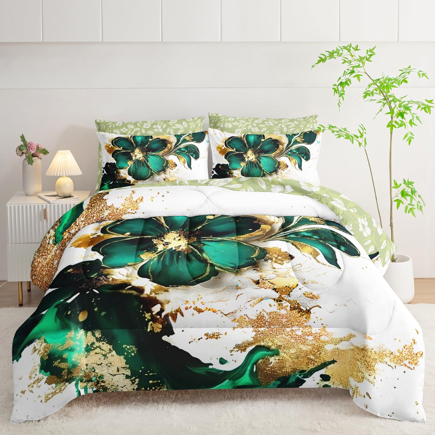 AILONEN Gold Green Floral Comforter Set Full Size,7-Piece Soft Bed in a Bag,Marble Flower Comforter & Fitted Sheet & Flat Sheet & 2 Pillowcases,2 Pillow Shams for Girls Women
