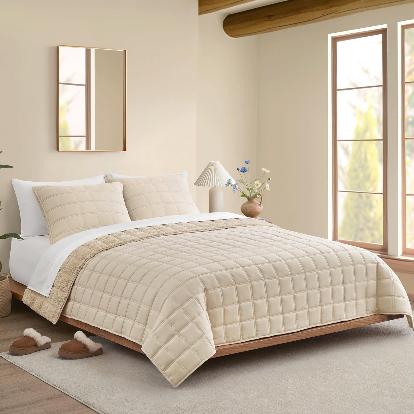 UGG Full/Queen Quilt Set with 2 Pillow Shams – 3 Piece Lightweight All-Season Bedspread, Ultra-Soft Fluffy Reversible Quilt Set for Apartment, Home & Modern Bedroom Decor, Cream (Gizelle)
