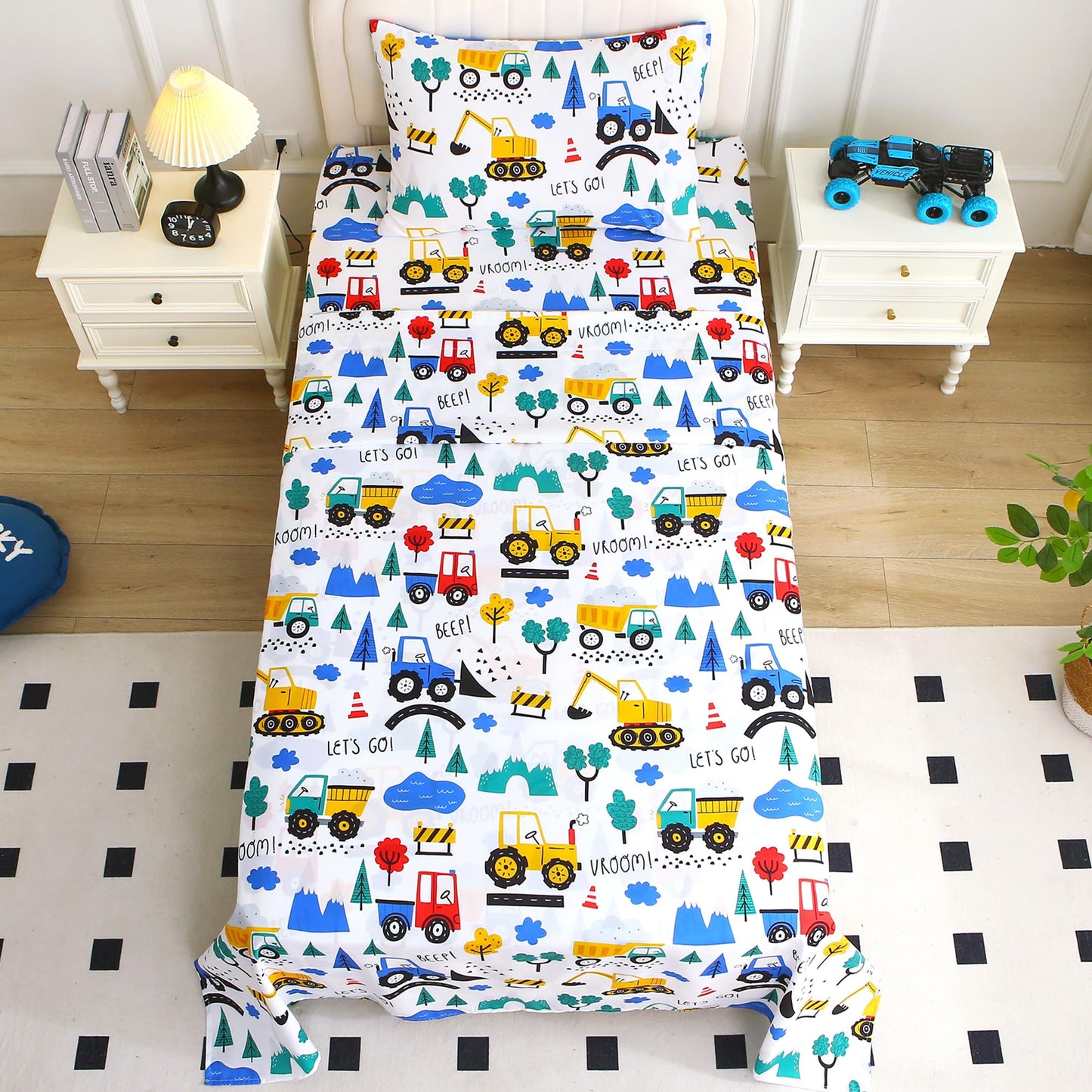 Softan Kids Twin Sheets Set, 3 Piece Construction Truck Bedding Set for Boys, Soft Breathable Microfiber with 15" Deep Pocket, Fitted Flat Sheet & Pillowcase