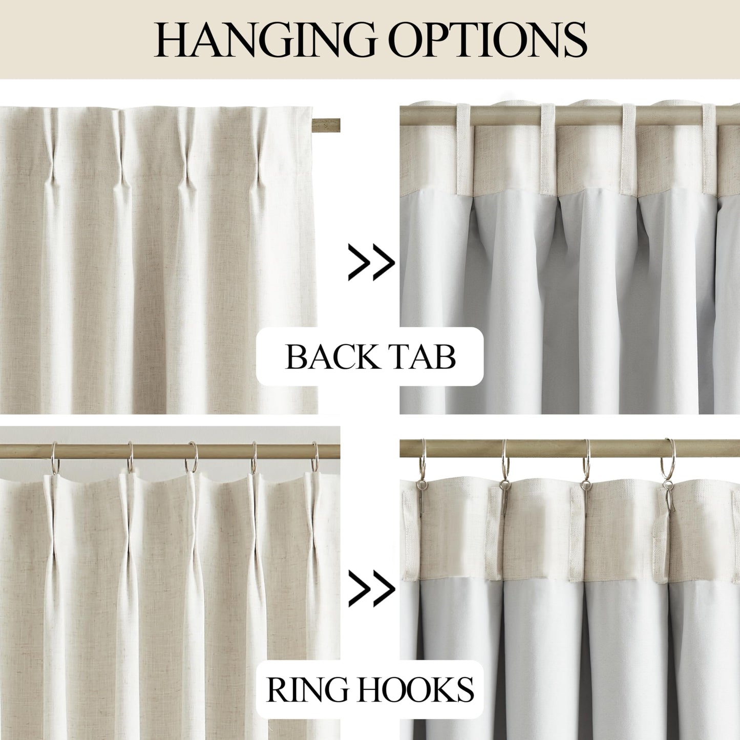 Vision Home Natural Pinch Pleated Full Blackout Curtains Linen Blended Room Darkening Window Curtains 108 inch for Living Room Bedroom Thermal Insulated Pinch Pleat Drapes with Hooks 40" Wx108 Lx2