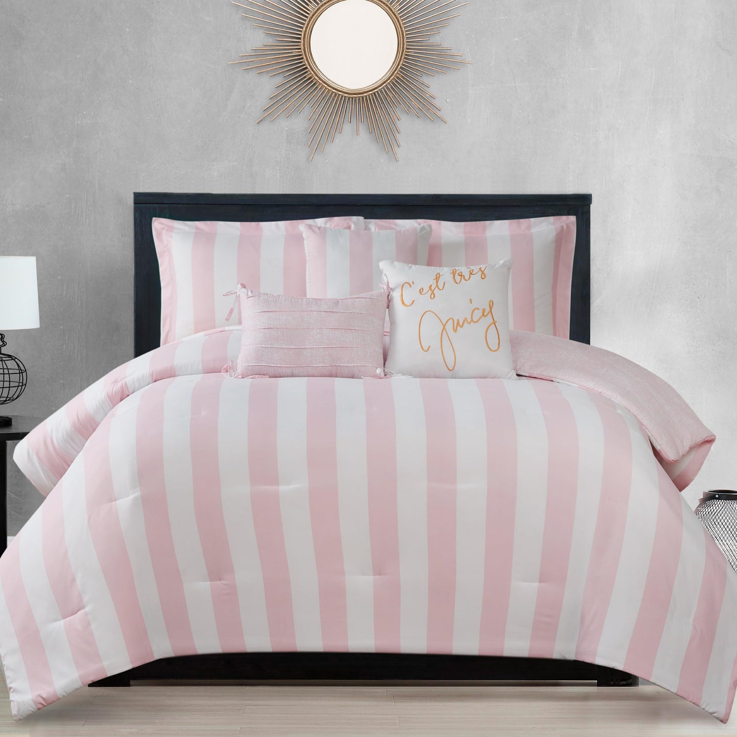 Juicy Couture Cabana Stripe Reversible Bedding Set - Queen/Full Size - Dogwood Pink/White Stripe Print – 6 Piece Set – Includes 1 90" x 90" Comforter, 3 Decorative Pillows, 2 Shams