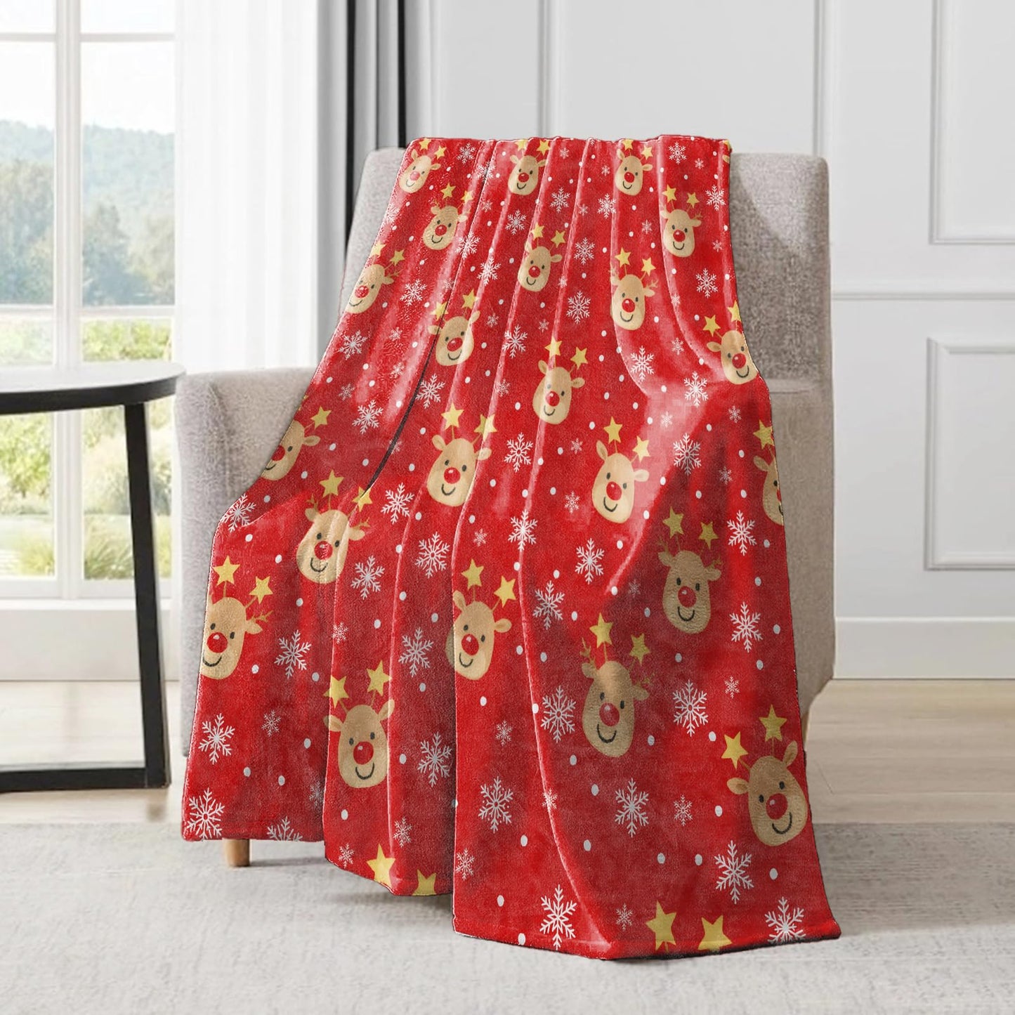 ainori Cute Reindeer Christmas Decorative Throw Blanket, Snowflake Print Decoration, Soft Flannel Winter Red Blankets for Couch Bed Sofa, Holiday Home Decor, Xmas Festival Gifts 50x60 Inch