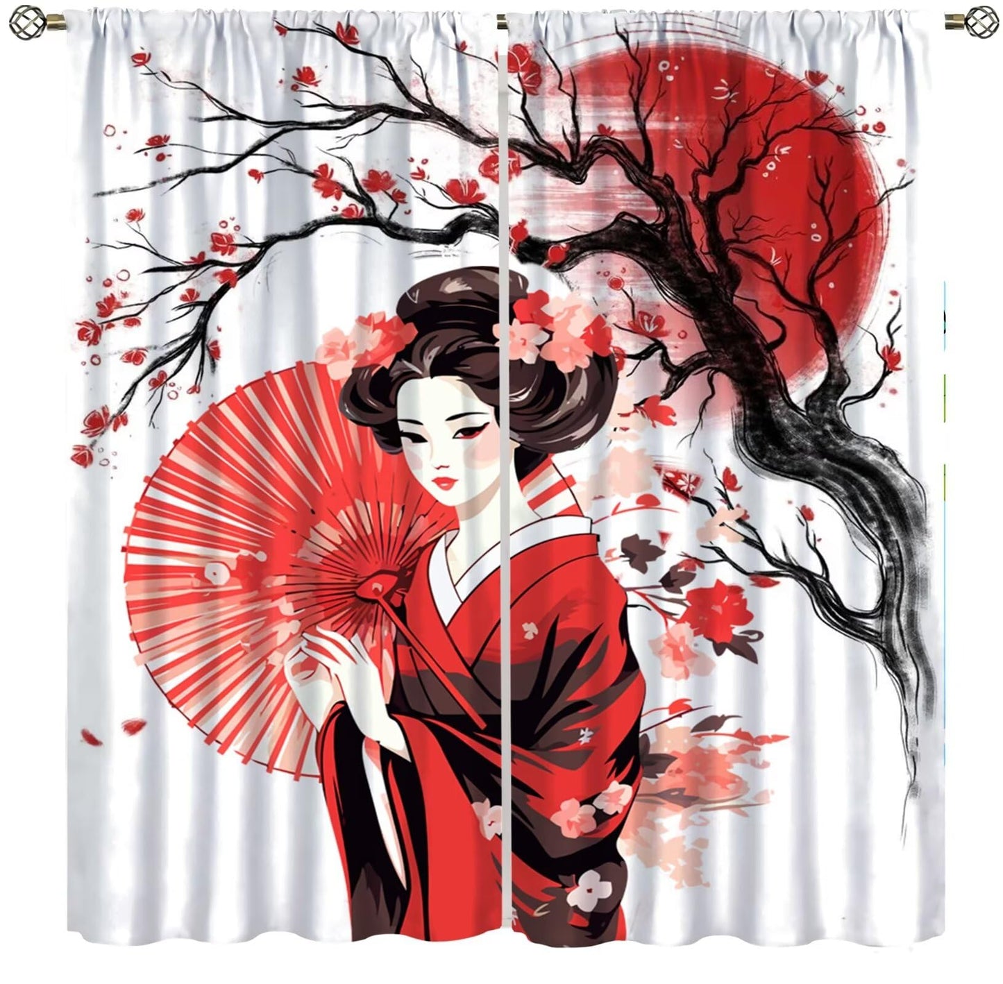 Yearn Jear Red Geisha Curtains Japanese Style with Cherry Blossoms Traditional Kimono Folk Culture Style,Rod Pocket Drapes for Living Room Bedroom Kitchen 42x45 Inch Decor