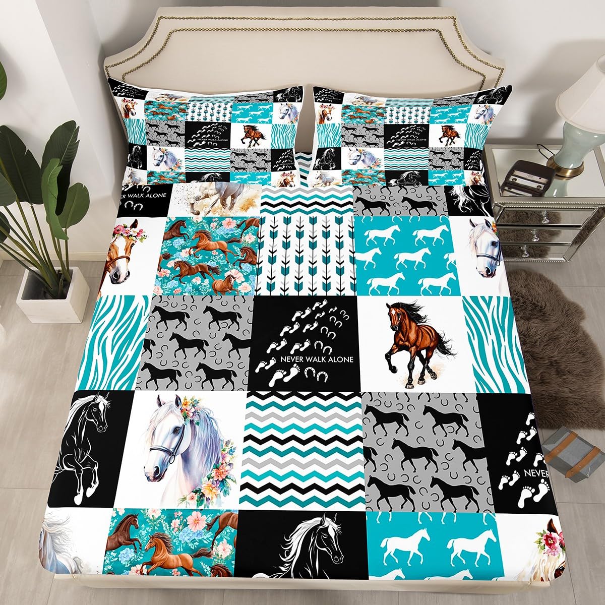 Horse Sheet Set King,Western Farmhouse Bed Sheets for Girls,Boho Arrow Teal Zebra Stripe Bedding Sheets for Teens Boys Women,Rose Flower Rustic Cowboy Fitted Sheet & Flat Sheet Black White 3 Pcs