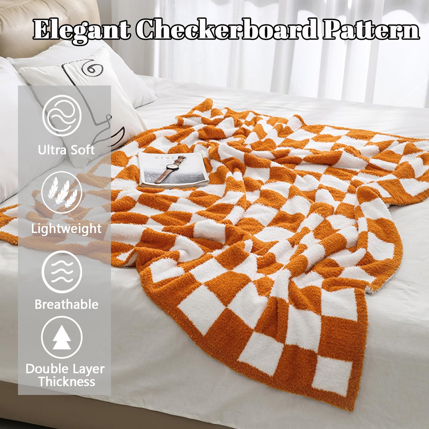 MorroMorn Checkered Throw Blanket for Couch, Orange Throw Blanket 2-Layers Soft Cozy Fleece Plaid Blankets Checkerboard Grid - Fluffy Fuzzy Plush Warm for Sofa Chair Bed Decor Gifts, 50x60 inches