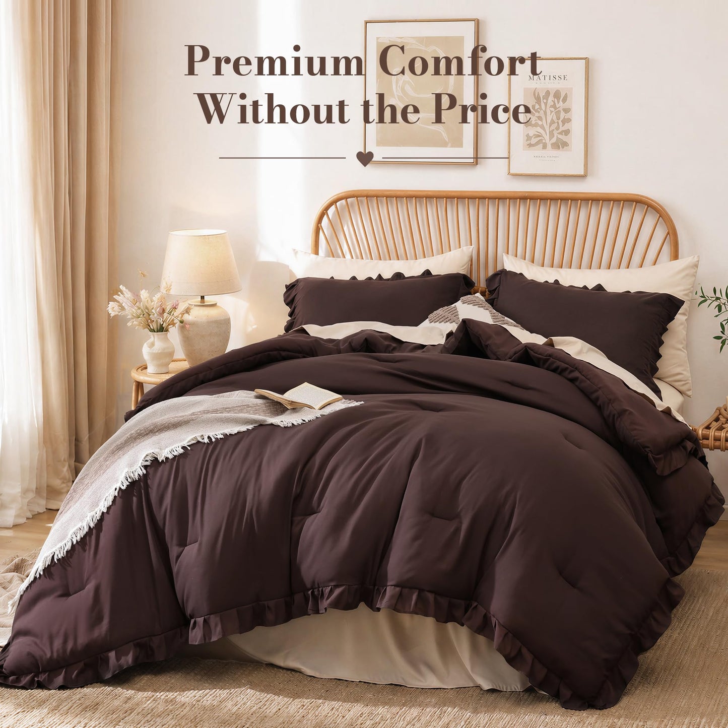 JANZAA Brown Comforter Set Queen – Soft Microfiber, Lightweight All Season Bedding, Ruffle Shabby Chic Aesthetic, Breathable Cozy Bed Set with 2 Pillow Shams, Machine Washable