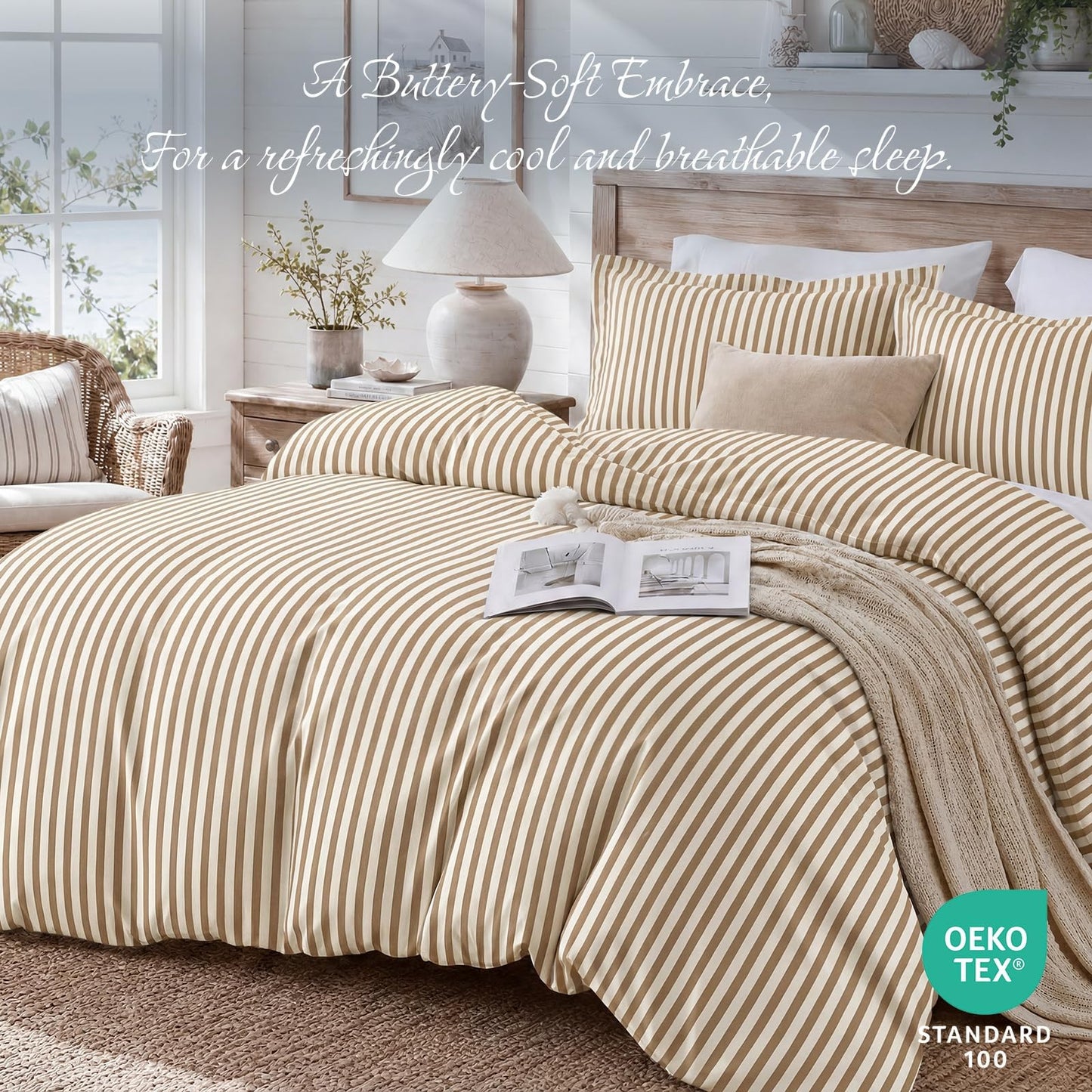 JOLLYVOGUE Striped Duvet Cover Queen, Duvet Cover Set with Khaki Stripes