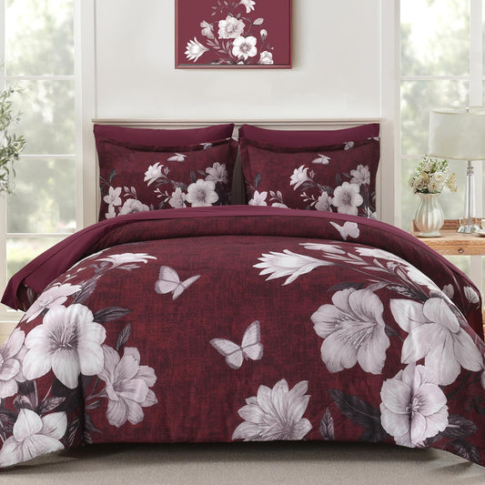 DHSFKBE Floral Comforter Set Queen Size, 7 Pieces Burgundy Bed in a Bag, Elegant Floral Butterfly Comforter and Sheet Set, Soft Microfiber Bedding Set for All Seasons(Burgundy,90"x90")