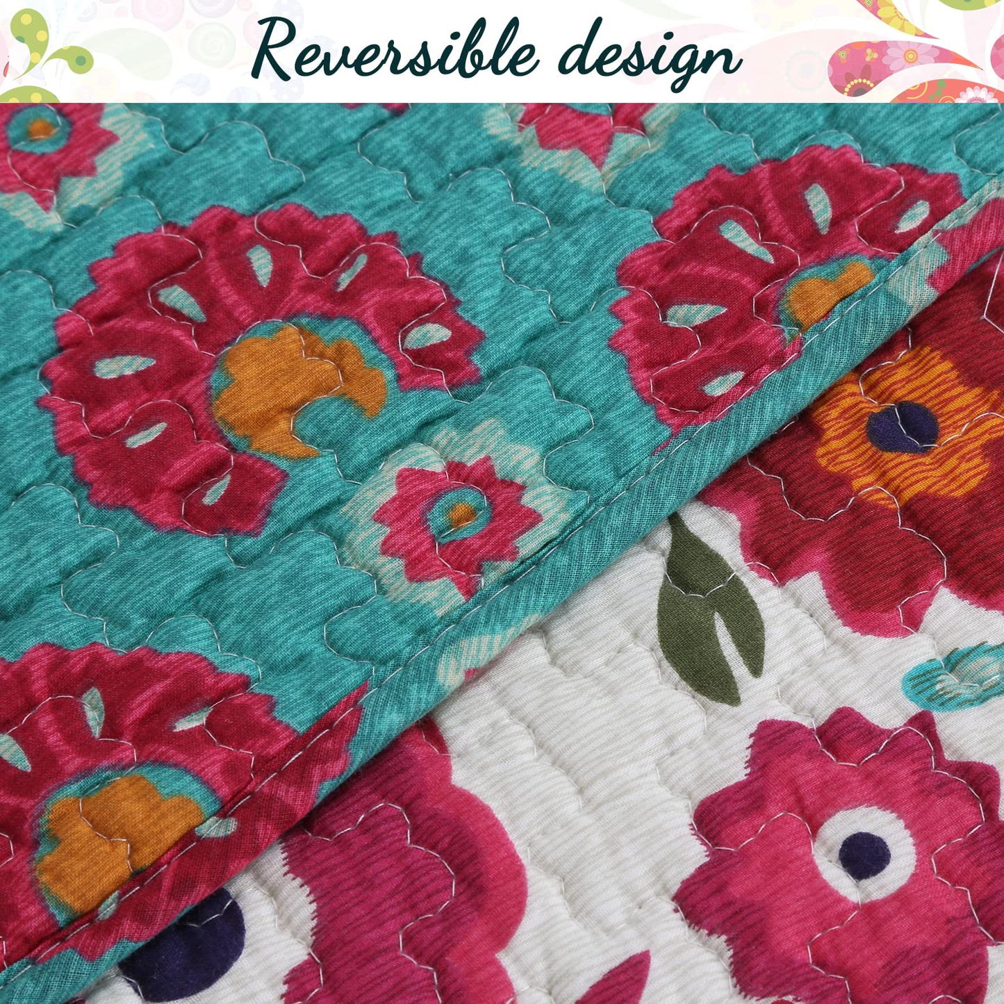 Cozy Line Home Fashions Pink Red Floral 100% Cotton Reversible Quilt Bedding Set, Coverlet Bedspread (Fuchsia Flowers, Queen - 3 Piece)