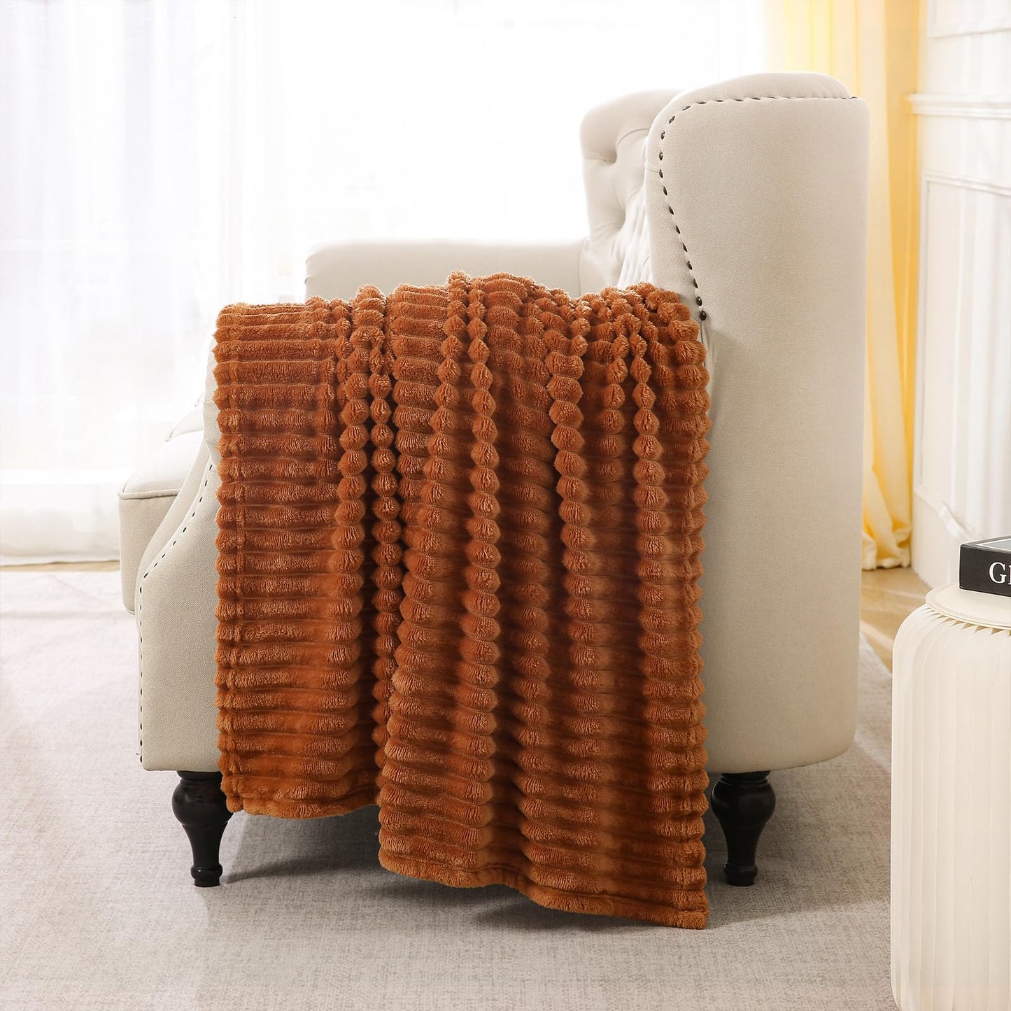 Linecooo Burnt Orange Fleece Throw Blanket 50”×60” for Couch Sofa Bed,Super Soft Cozy Plush Microfiber Flannel Blanket with Stripes Design Lightweight for Adults,Woman,Girls