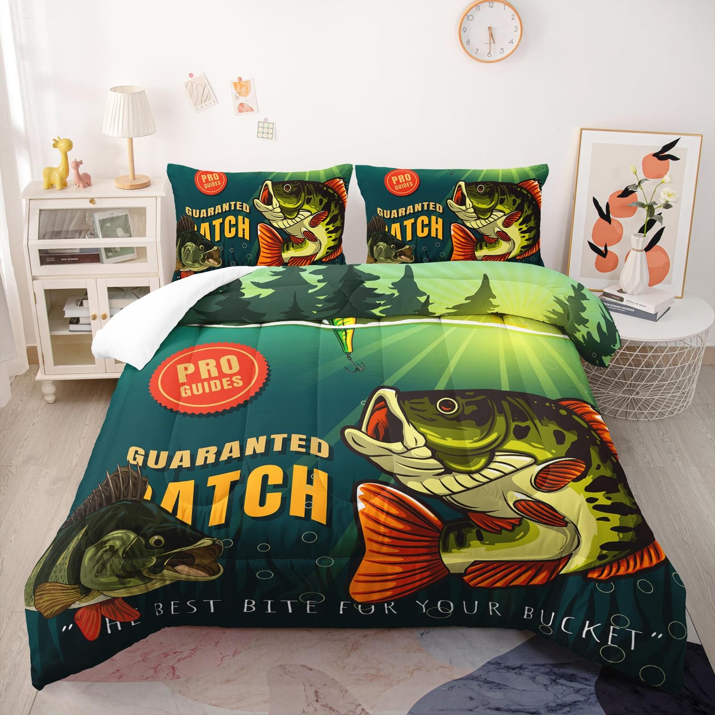 Nttopship Big Pike Fish Comforter Sets, Hunting and Fishing Pattern Bedding Set Twin Size for Kids,Fishing Underwater Animals Bedding Sets All Season 1 Comforter and 2 Pillowcases