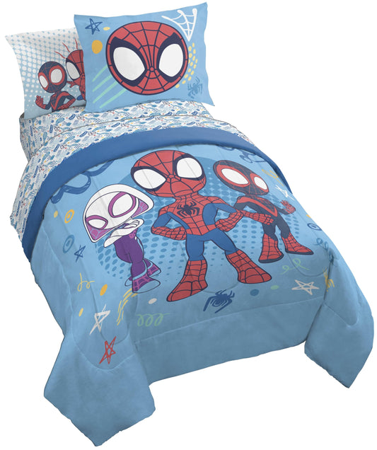 Jay Franco Kids Comforter Set Includes Sheets and Pillow Covers - Soft and Cozy Bed Set for Stylish Room Decor, Light Blue - Spidey & His Amazing Friends, 5 Piece Twin Bedding