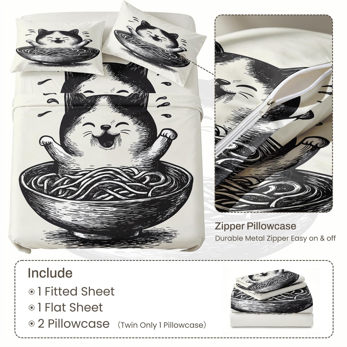 Cute Cat Sheet Set, 3 Pcs Twin Size Funny Cat Bed Sheets