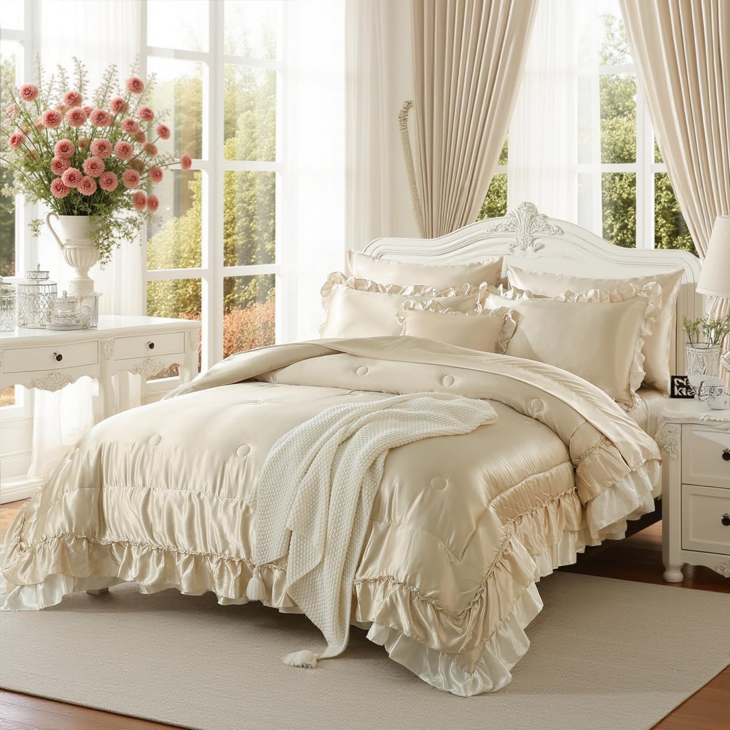 Bedbay Satin King Size Comforter Set with Sheets,Shabby Ruffled Bed Comforter 8 Pcs,Elegant Ruffle Room Decor Aesthetic Comforter King Bed in a Bag Set,Silk Like Satin Luxury Silky Bed Set