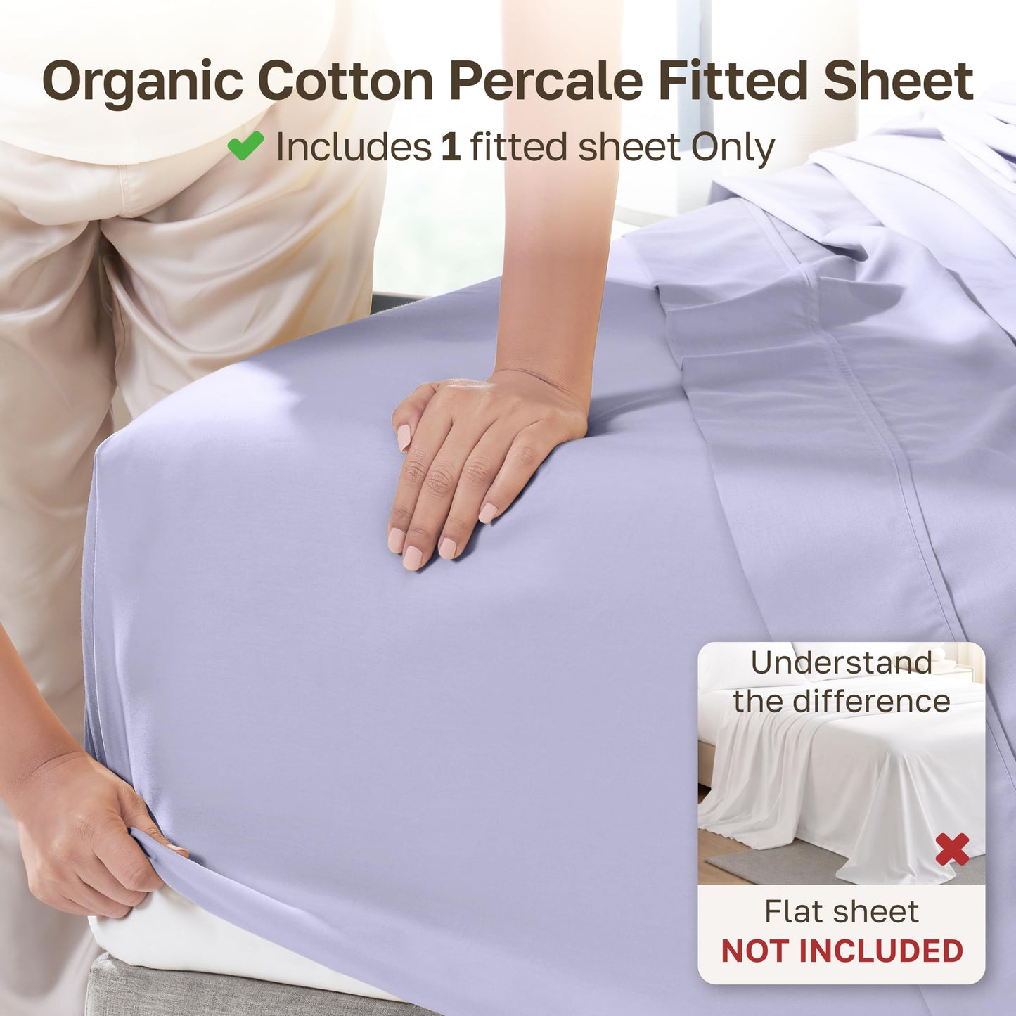 California Design Den Queen Fitted Sheet Only - 100% Organic Cotton Percale Fitted Sheet Queen with Deep Pockets, Lightweight, Crisp and Durable - Lavender Mist
