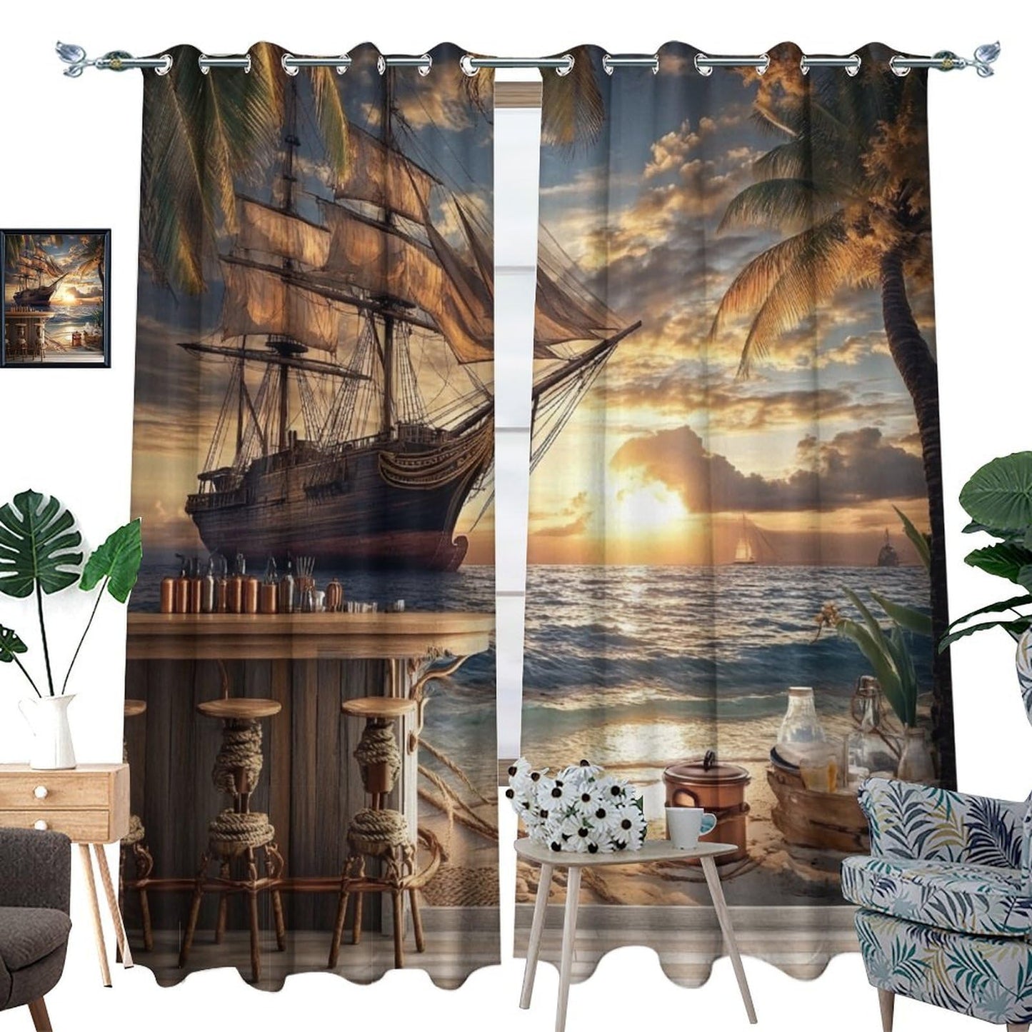 TOWINSFB Nautical Pirate Ship Blackout Curtains for Bedroom/Living Room, Retro Sunset Ocean Sailboat Grommet Curtains Thermal Insulated Window Drapes, 2 Panels, Each 21W x 45L