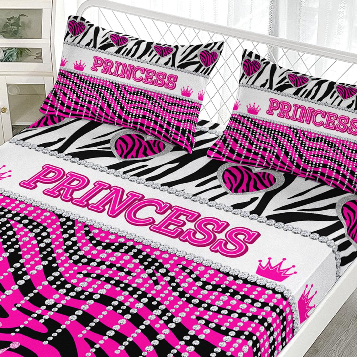 AILONEN Hot Pink Princess Fitted Sheet Twin XL Size with 2 Pillowcases,Zebra Stripes Bedding Set 3Pcs for Girls,Glitter Crown & Heart Bed Sheet Set for Home Decor