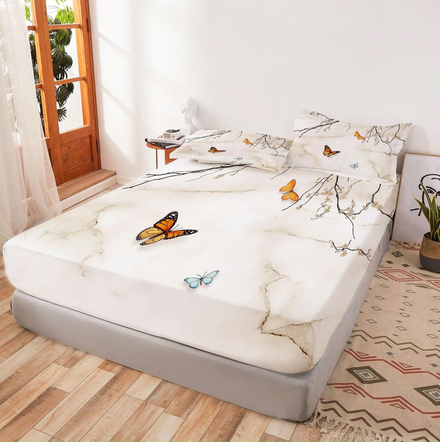 Bhoyctn Chinese Style Printed 4-Piece Extra Soft King Bedding Sheets & Pillowcase Set, Deep Pocket up to 16 in Mattress, Chinese Style Painting Butterflies Bed Sheet Set for Women, Menfor