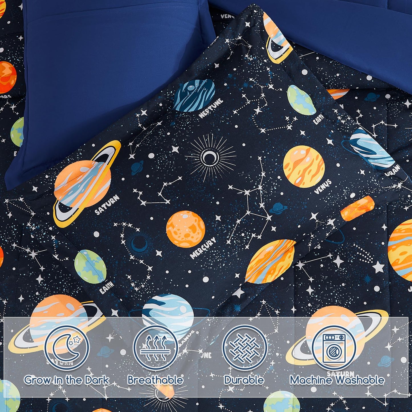 Wink Deer Twin Comforter Set for Boys-3 Pieces Space Glow in the Dark Twin Bedding Sets for Kids,1 Comforter,1 Sham and 1 Decor Pillow