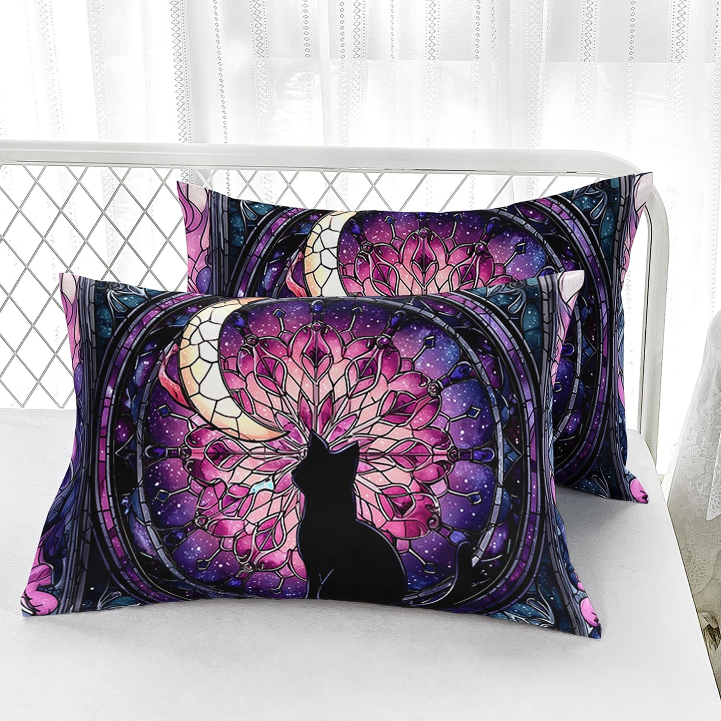 AILONEN Stained Glass Cat Fitted Sheet Set Twin Size,Purple Galaxy Mandala Celestial Bedding for Girls,3 Piece Black Kitten Room Decor with 2 Pillowcases,16" Deep Pocket