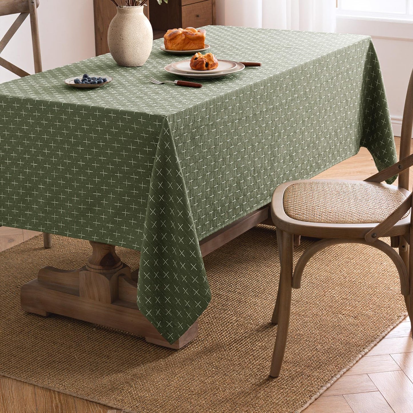 MIULEE Olive Green Linen Table Cloth Rectangle Tablecloth Waterproof Spring Spillproof Cross-Star Textured Table Cloth, Decorative Rustic Farmhouse Style for Dining/Party/Buffet/Wedding,60x84 Inch