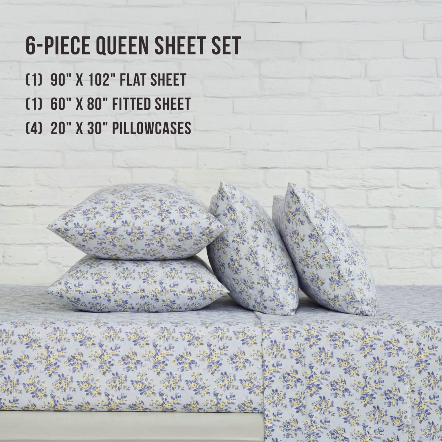 Lucky Brand Printed Microfiber 6-Piece Queen Sheet Set, Serene Floral Blue