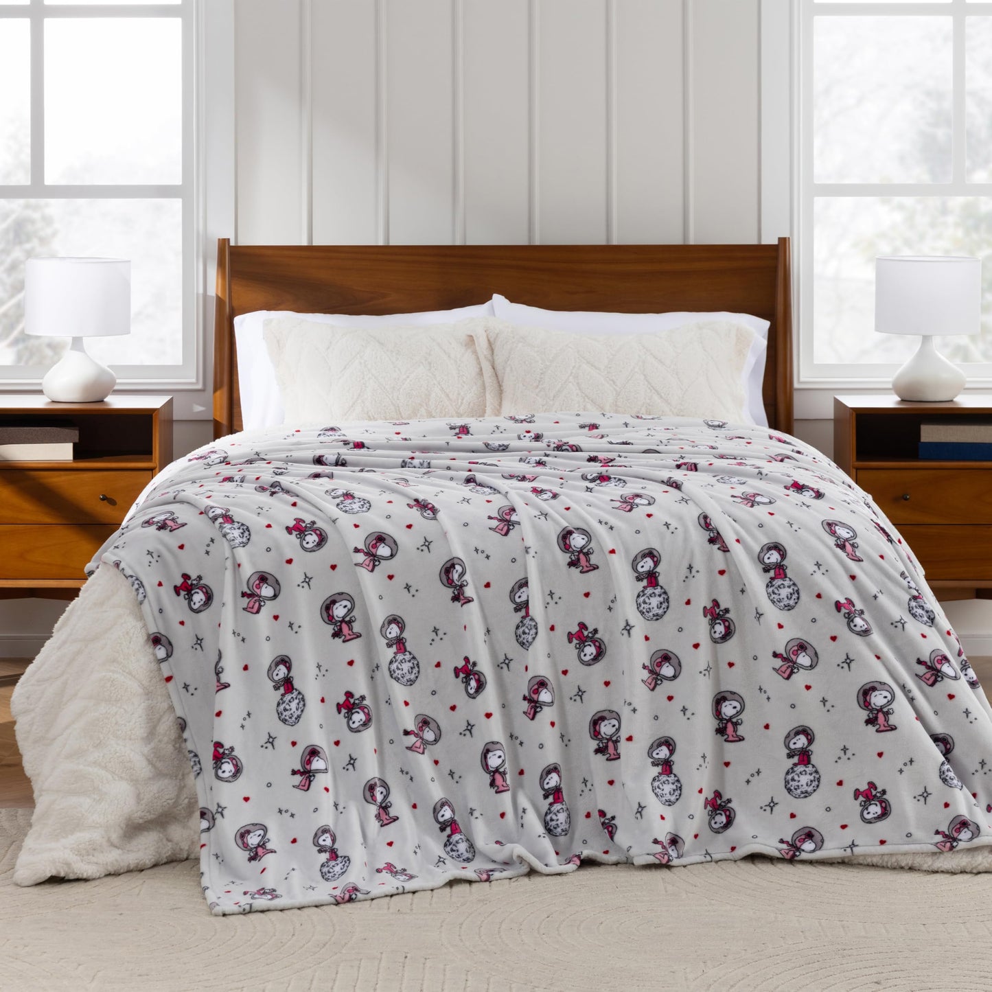 Berkshire Peanuts® VelvetLoft® Cute Character Snoopy Plush Throw Blanket,Over the Moon for You Light Grey,Throw 55 in x 70 in (Official Peanuts® Product)