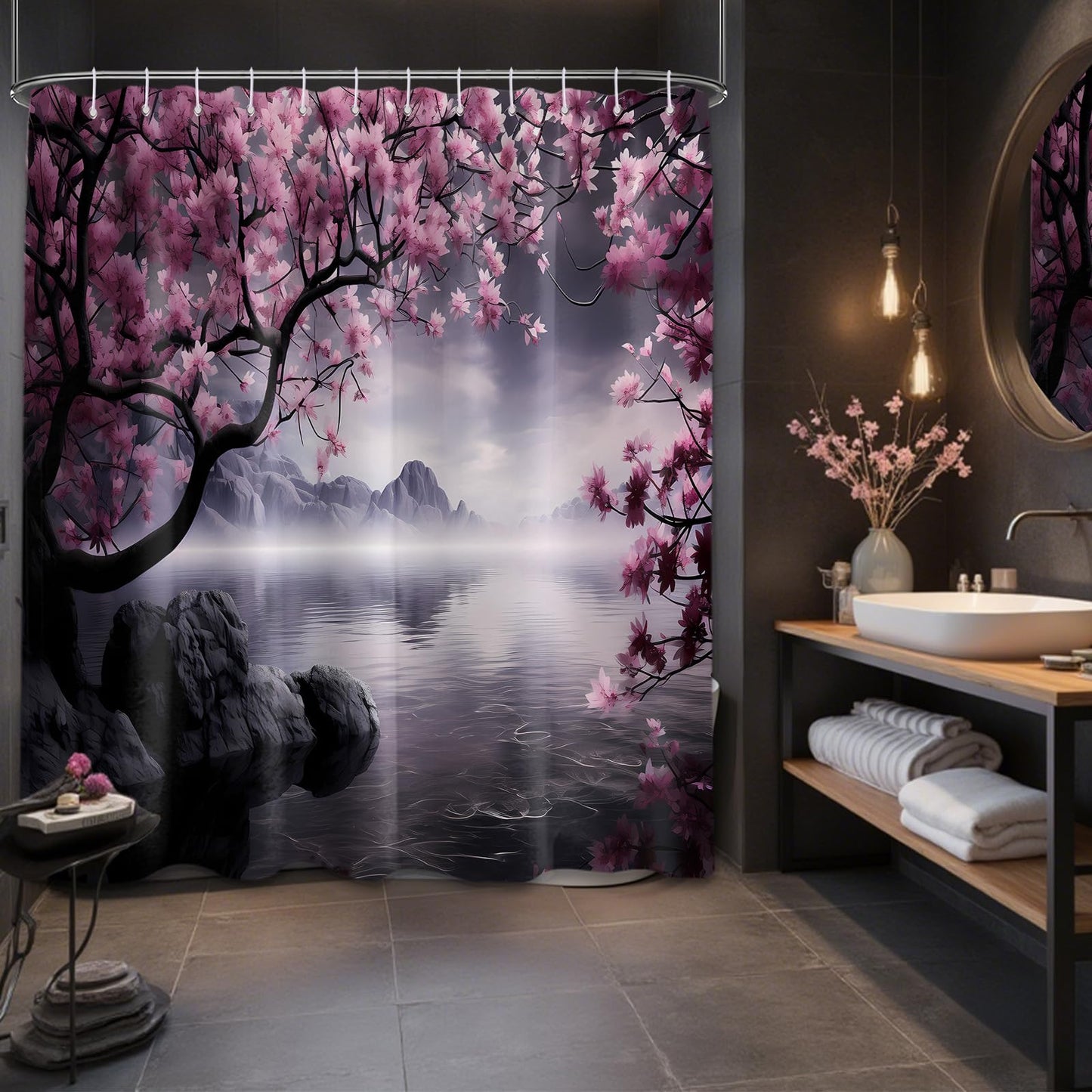 Yieldeer Japanese Cherry Blossom Shower Curtain, Purple, 70x72 inch