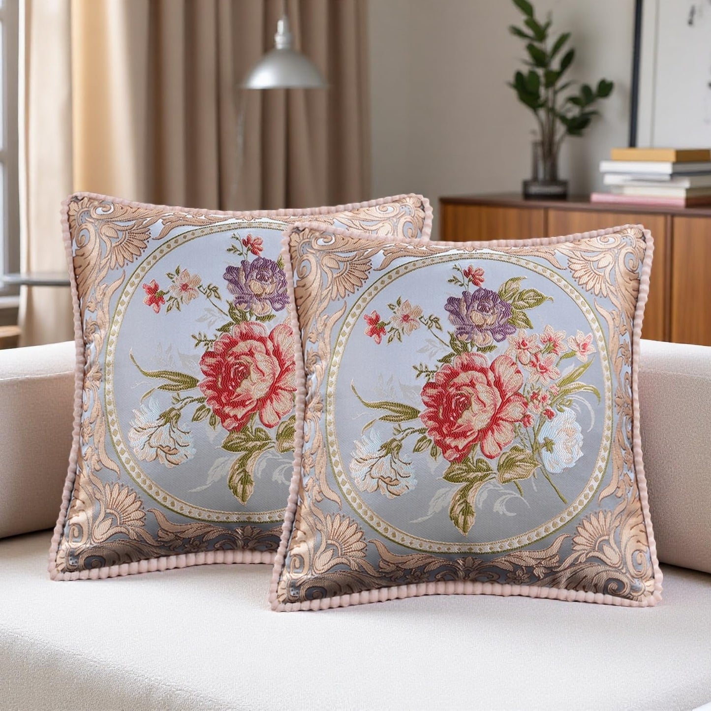 Qupace Set of 2 Vintage Blue Embroidered Throw Pillows Covers 18x18in，Flowers Retro European Pillow Covers for Sofa Couch Cushion Cover for Sofa Bed Chairs Car