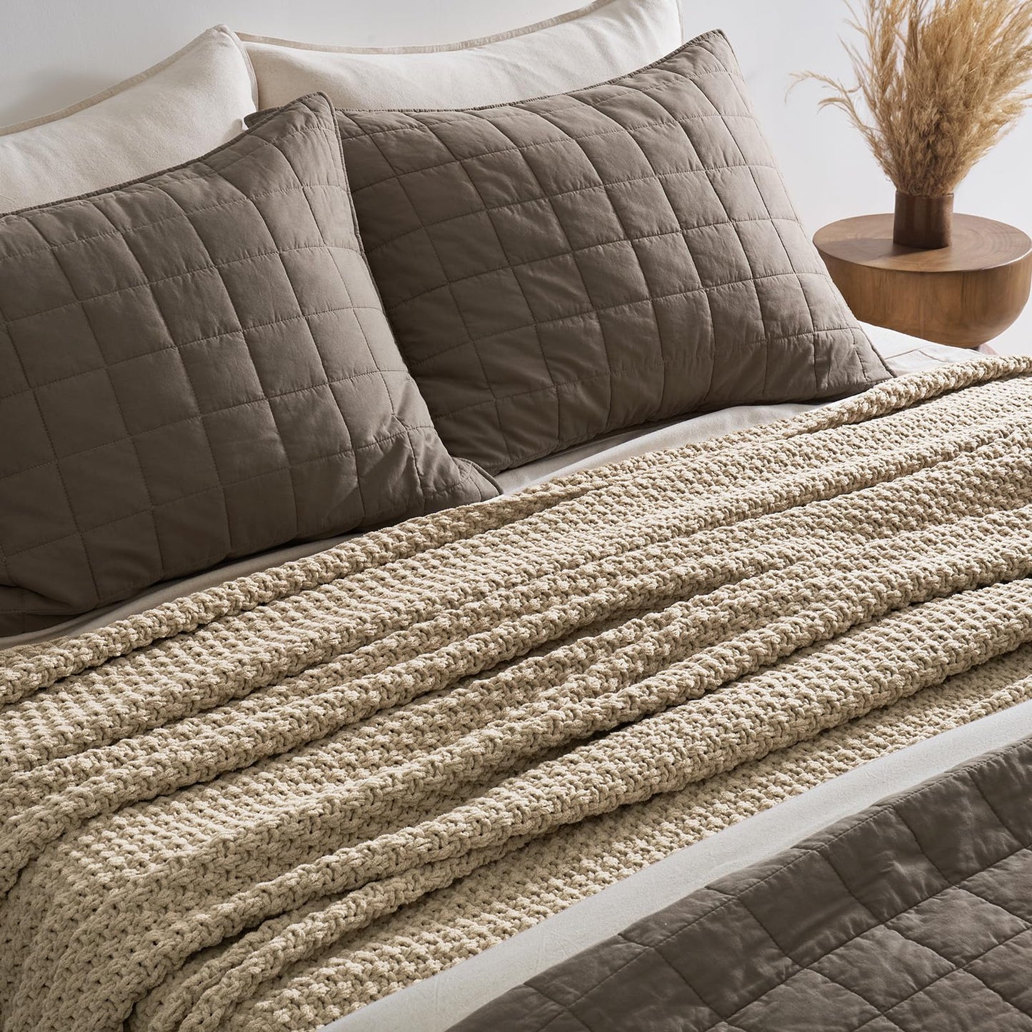 EVERGRACEHOME Chunky Chenille Knit Throw Blanket for Couch, Soft Luxurious Oversized Queen Moss Stitch Blanket for Bed, Cozy Farmhouse Knitted Throw for Sofa, Sand Dune, 90" x 90"