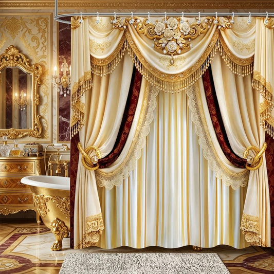 Raelith Luxury Gold Printed Shower Curtain, Vintage Golden Champagne Elegant Modern European Style Fancy Girl Shower Curtains for Bathroom Decor Art Printed Fabric with 12 Hooks 72Wx72H