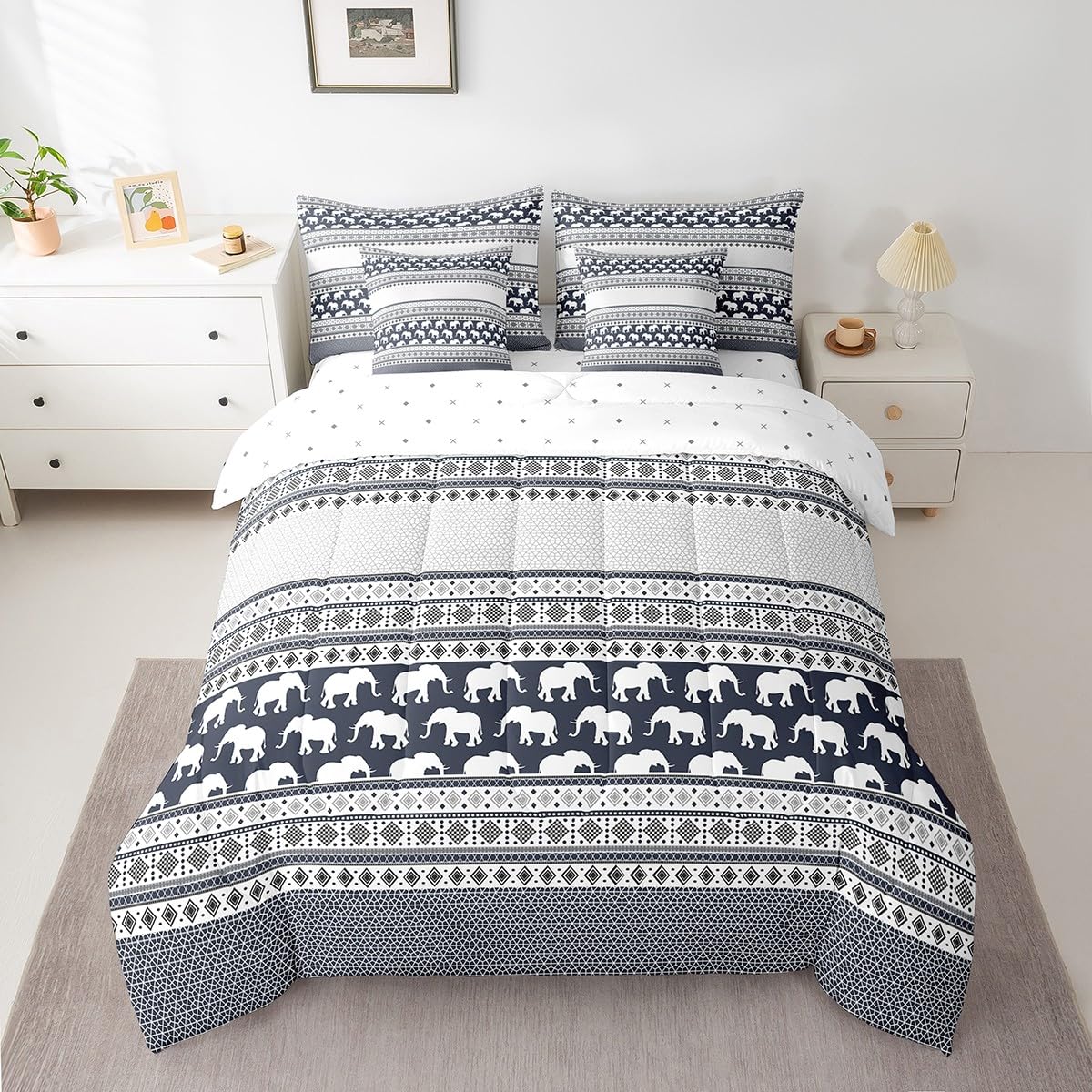 Feelyou Bohemian Elephant 7 Piece Bedding Set Full Size for Kids Boys Girls Teens Toddler Boho Exotic Style Comforter Set with Sheets Navy Blue Stripe Bed in a Bag Ethnic Elephant Print Bed Set