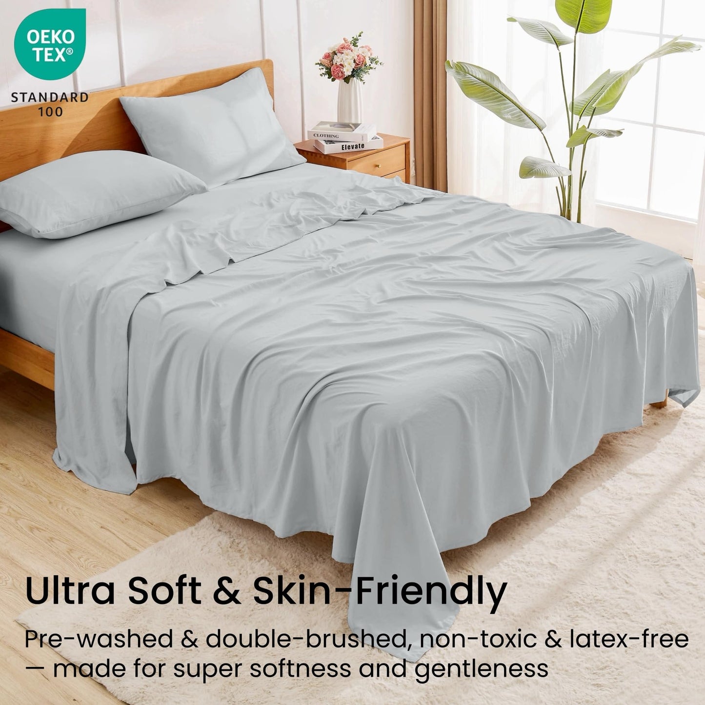 GOKOTTA 4-Pcs King Size Sheets Set, 10-16" Deep Pocket, Non-Slip Elastic Corner Straps, Washed & Brushed Microfiber Polyester - Hotel Luxury, Ultra Soft, Breathable, Wrinkle-Free, Anti-Rip -Light Grey
