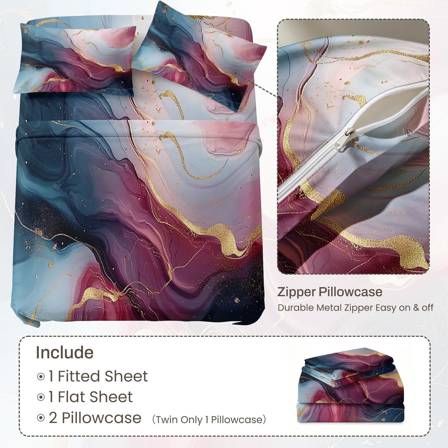 Marble Full Bedding Set Modern Abstract Sheet Sets, Purple Blue Gold