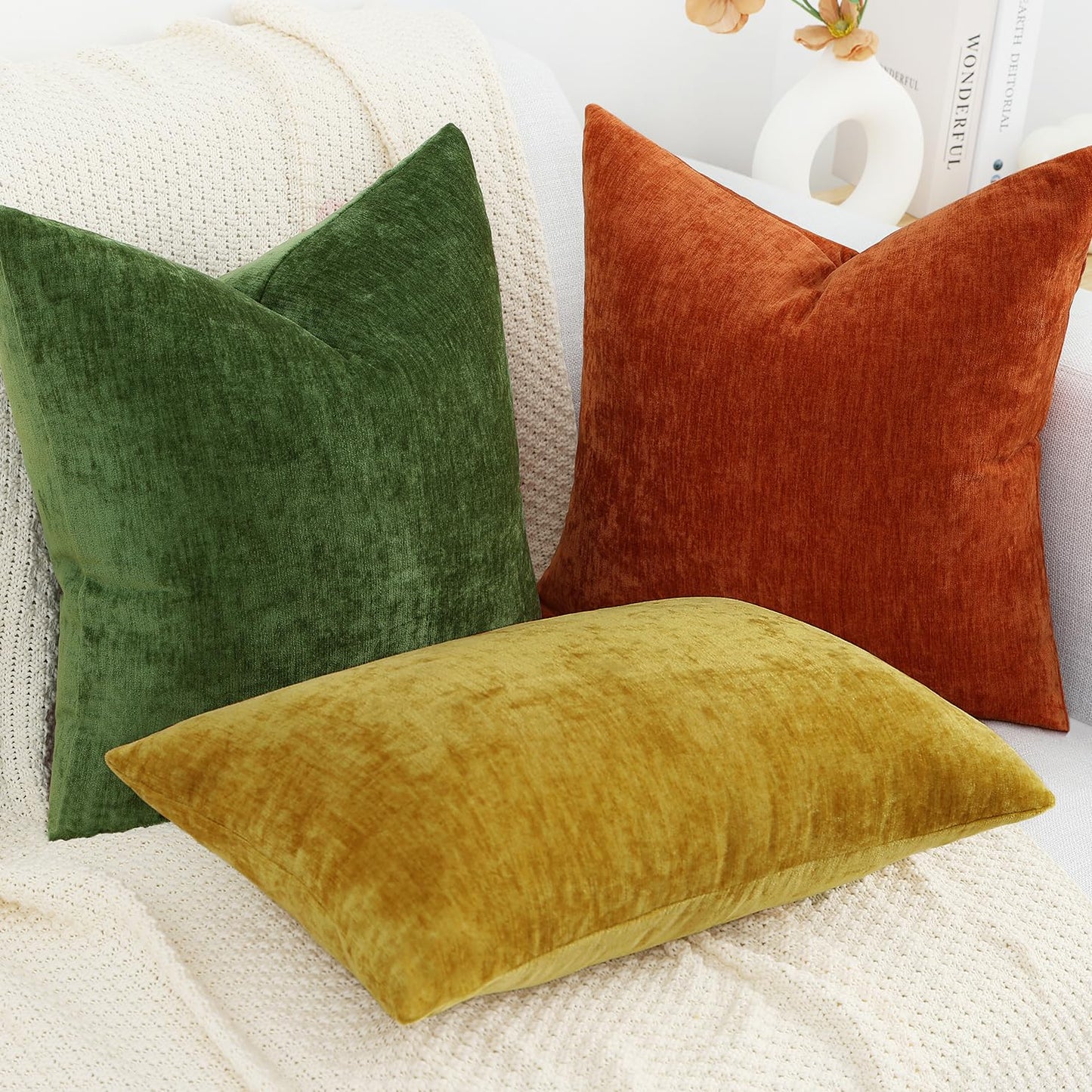 decorUhome Chenille Moss Green Throw Pillow Covers 18x18 Inch Set of 2, Decorative Soft Couch Pillow Covers Solid Dyed Accent Farmhouse Neutral Square Pillow Cases for Sofa